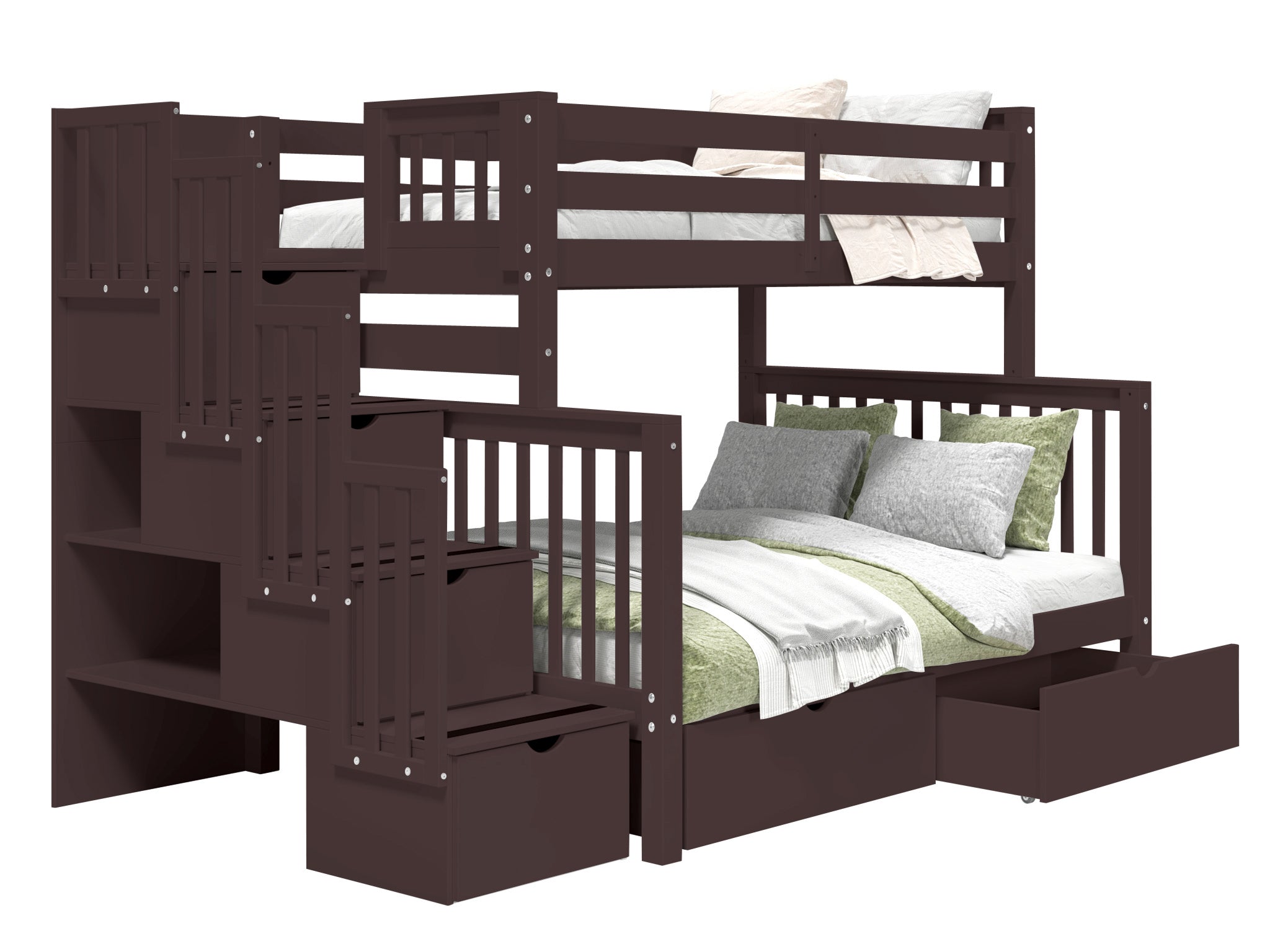 Twin Over Full Bunk Bed with Staircase & 2 Drawers - Dark Cherry Finish | Space-Saving Kids Bedroom Furniture for Siblings or Sleepovers