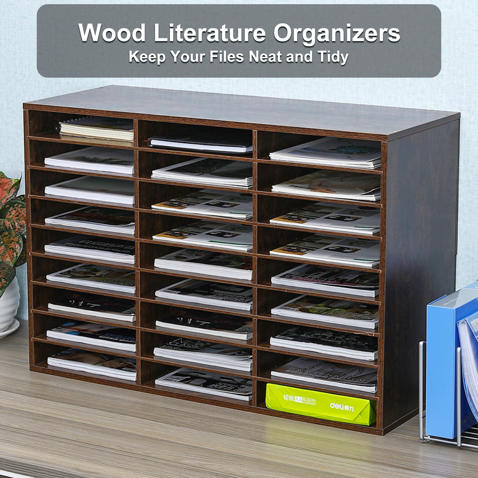 PAG Wooden Mail Sorter Organizer - 27 Compartment Literature Organizer for Classroom & Office - Desktop Paper Bill Organizer for Home School - Brown (Perfect for Teachers, Students & Office Workers)