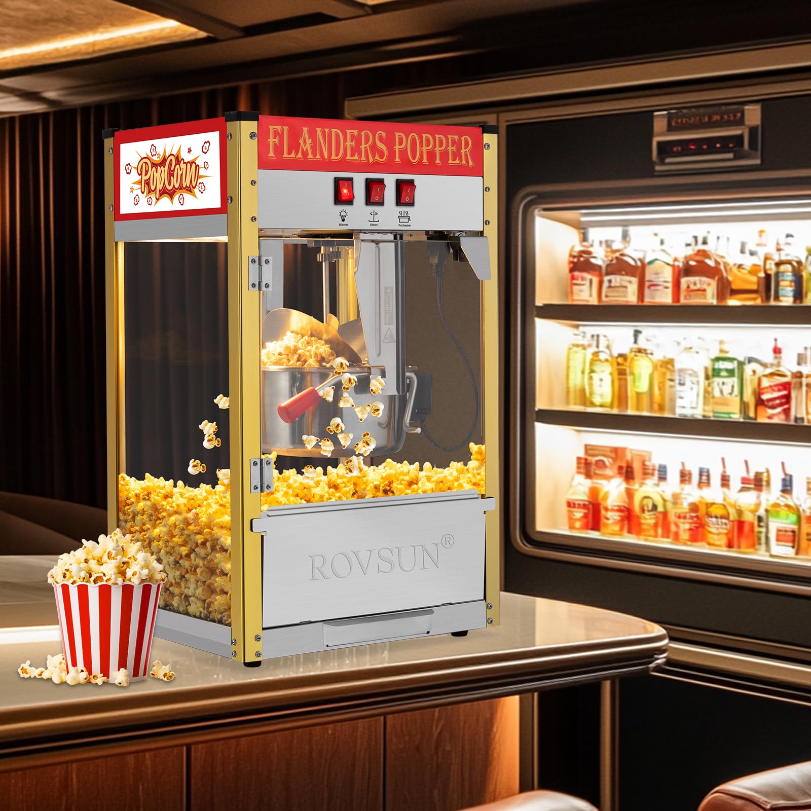 ROVSUN 10 Ounce Commercial Popcorn Machine - Makes 4 Gallons, Countertop Popcorn Popper with Stainless Steel Scoop, Oil Spoon & 3 Cups - Perfect for Movie Nights, Parties, and Carnival Snack Stands (Red)