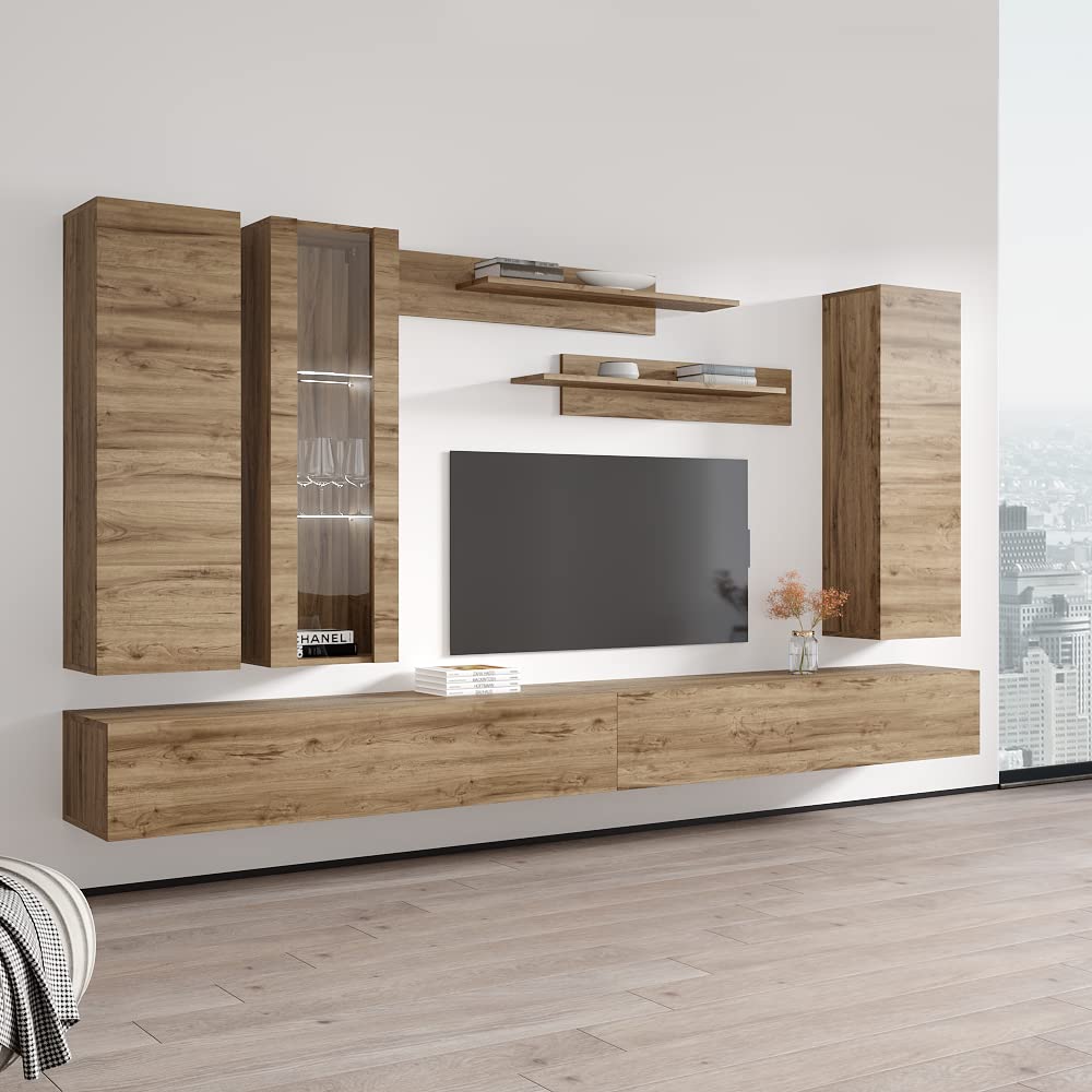 Modern Floating TV Stand with Storage & LED Lights - Wall-Mounted Entertainment Center Console for Bedroom & Living Room - Oak Wood TV Cabinet with Shelves - Perfect for Small Spaces & Home Theater Setup