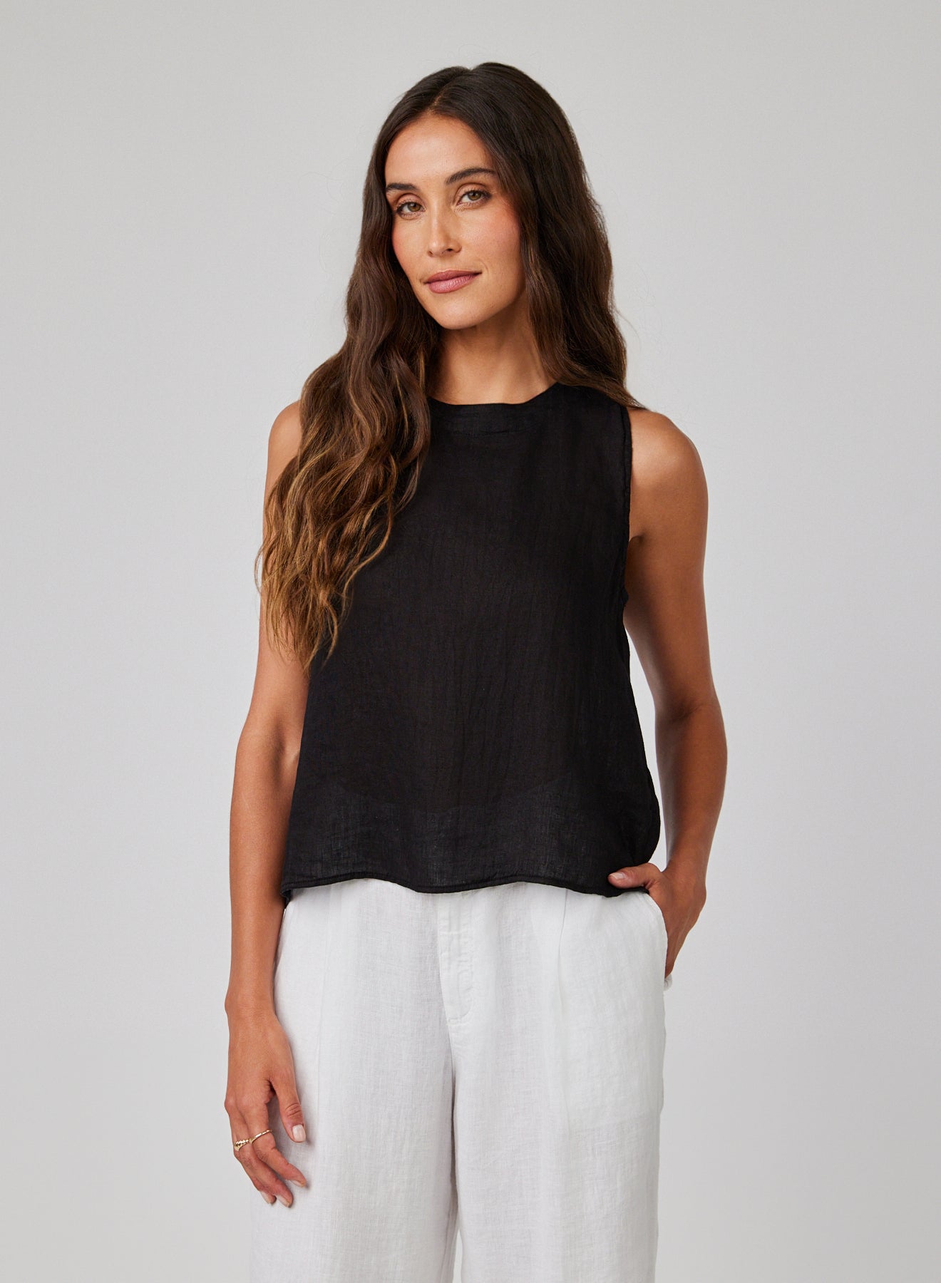 Linen Sleeveless Button Back Top for Women - Breathable Summer Blouse, Casual & Chic Black Shirt for Outdoors, Travel, and Date Night
