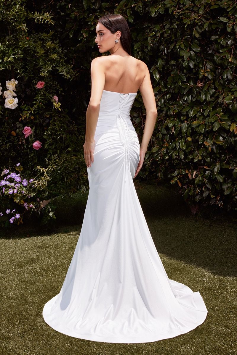 Elegant Strapless Stretch Spandex Satin Fitted Gown - Pointed V Neckline Ava Dress in Off White | Perfect for Prom, Evening Gala & Special Occasions