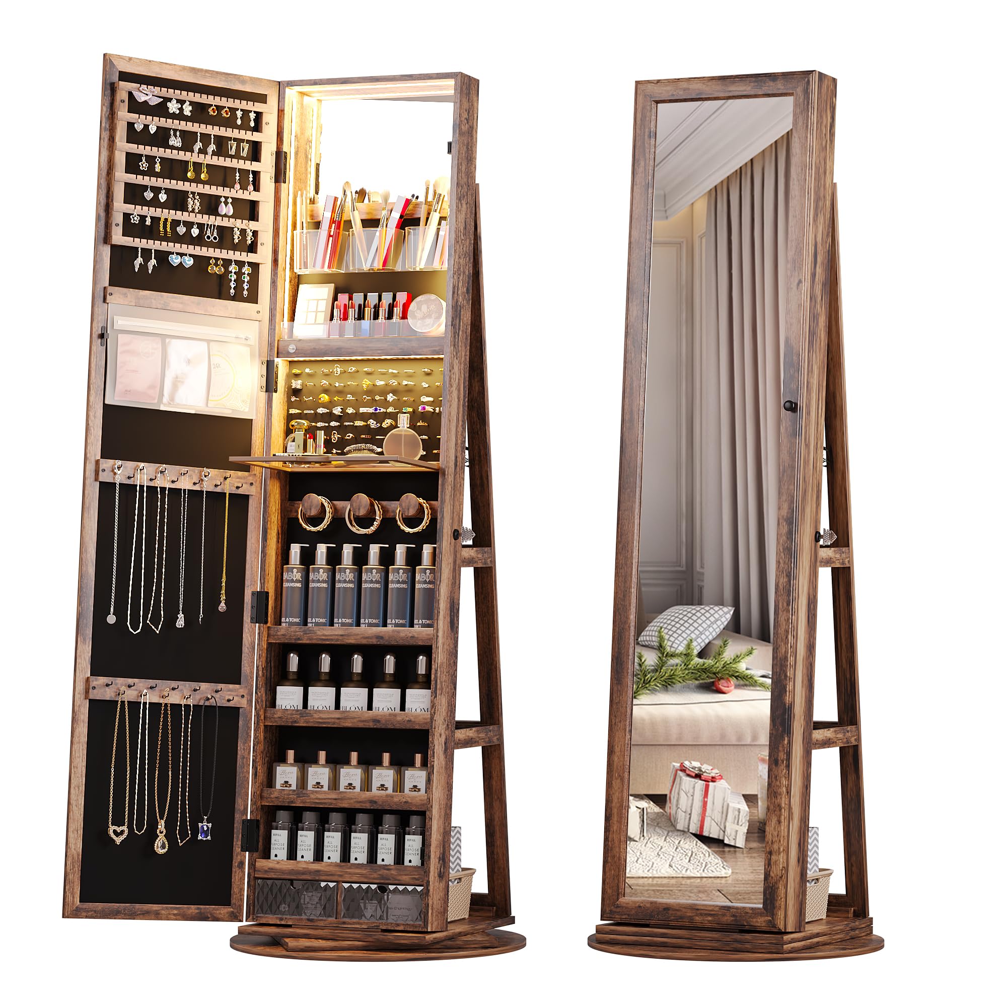 Lvifur 360° Swivel Jewelry Cabinet with Dimmable LED Lights - Full Length Mirror Jewelry Armoire with Storage Shelves & 3 Color Lighting - Standing Jewelry Organizer for Bedroom, Closet or Dressing Room (Brown)
