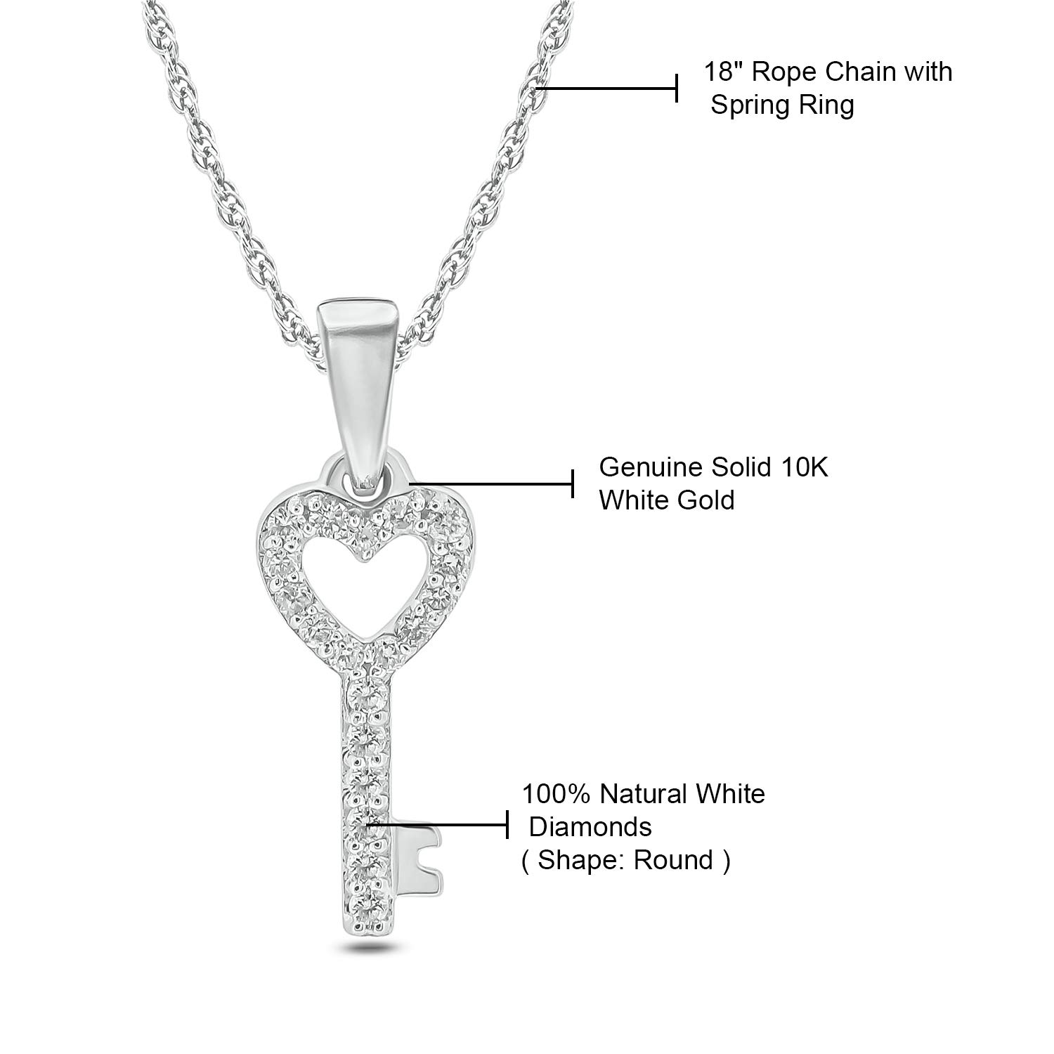 1/10cttw Diamond Heart Key Pendant Necklace for Women - 10K White Gold Key Heart Pendant with Round White Diamonds - 18