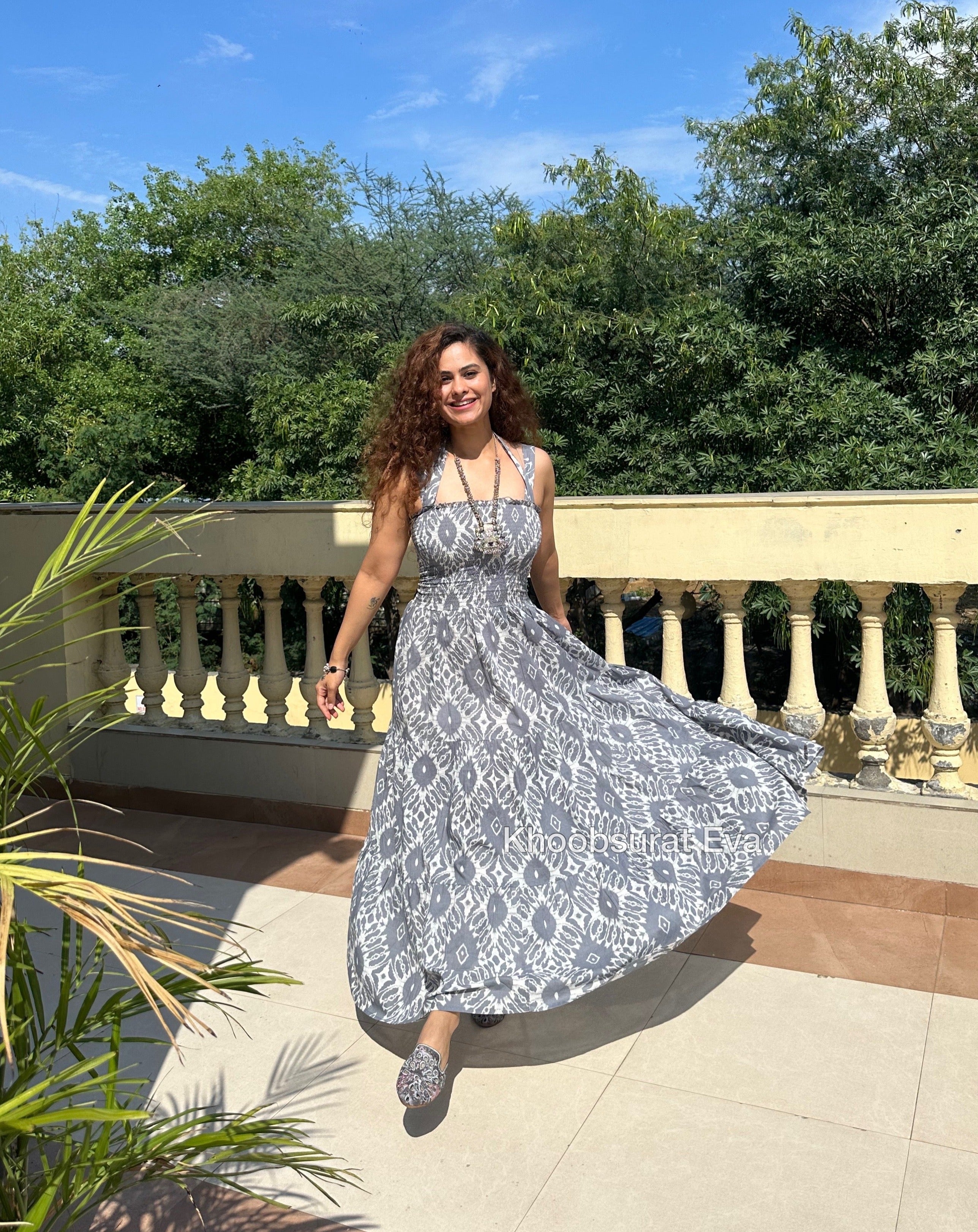 Grey Cotton Tiered Maxi Dress for Women - Flowy Summer Beach Dress, Casual Boho Chic Outfit for Vacations & Outdoor Events