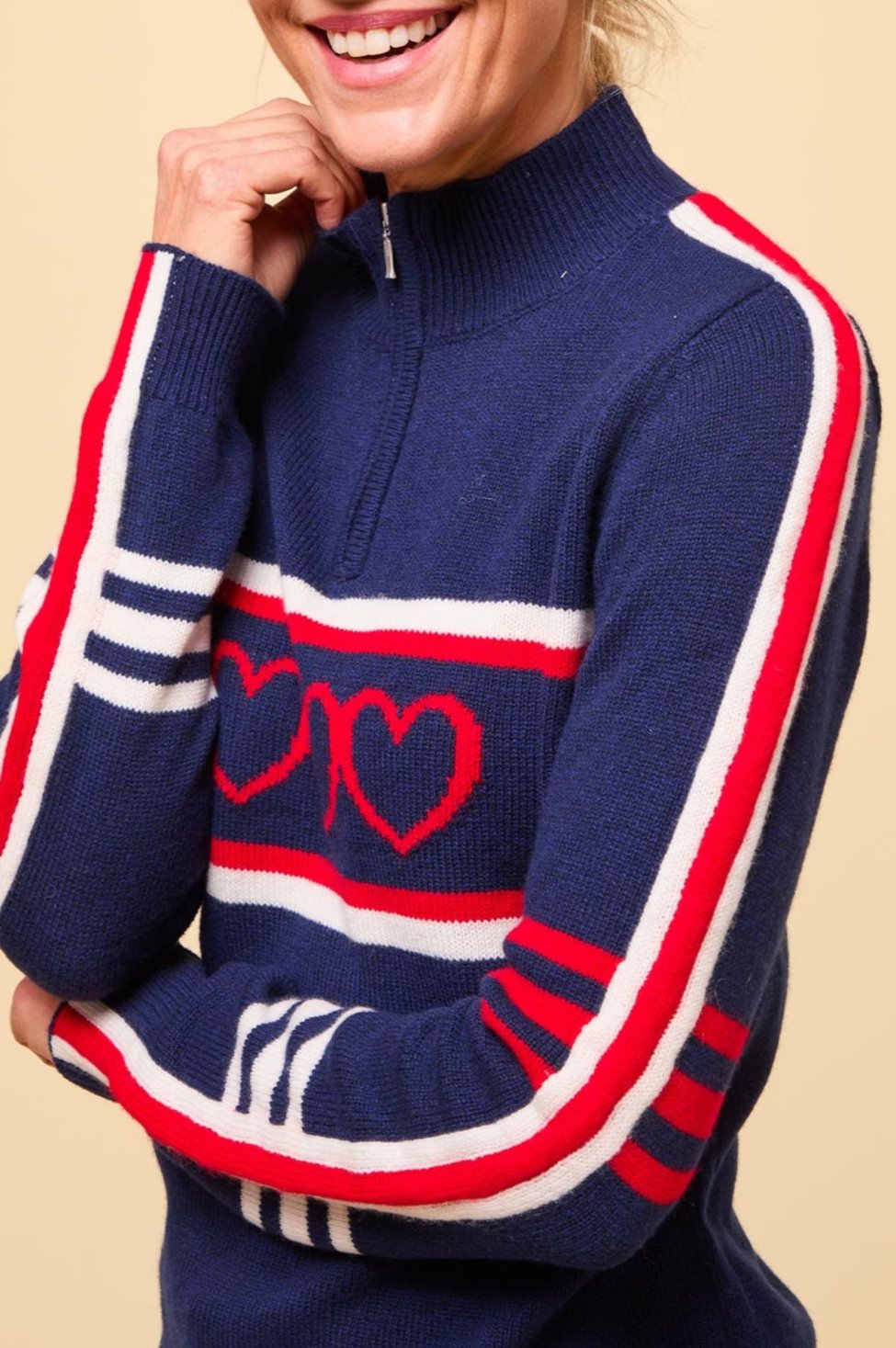 Merino Wool Striped Hearts Quarter Zip Sweater - Navy, Cream, Red | Cozy Winter Pullover for Women & Men | Perfect for Casual Outfits, Outdoor Activities & Layering