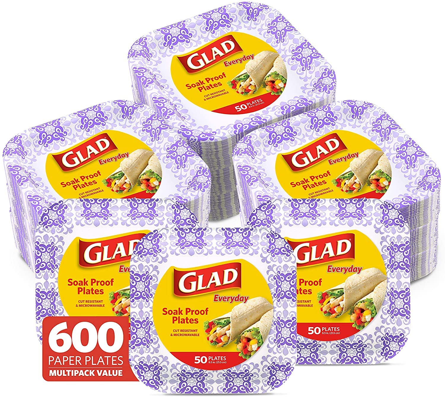 **Glad Square Disposable Paper Plates 600 Count – Heavy Duty, Soak Proof & Cut Proof – 8.5