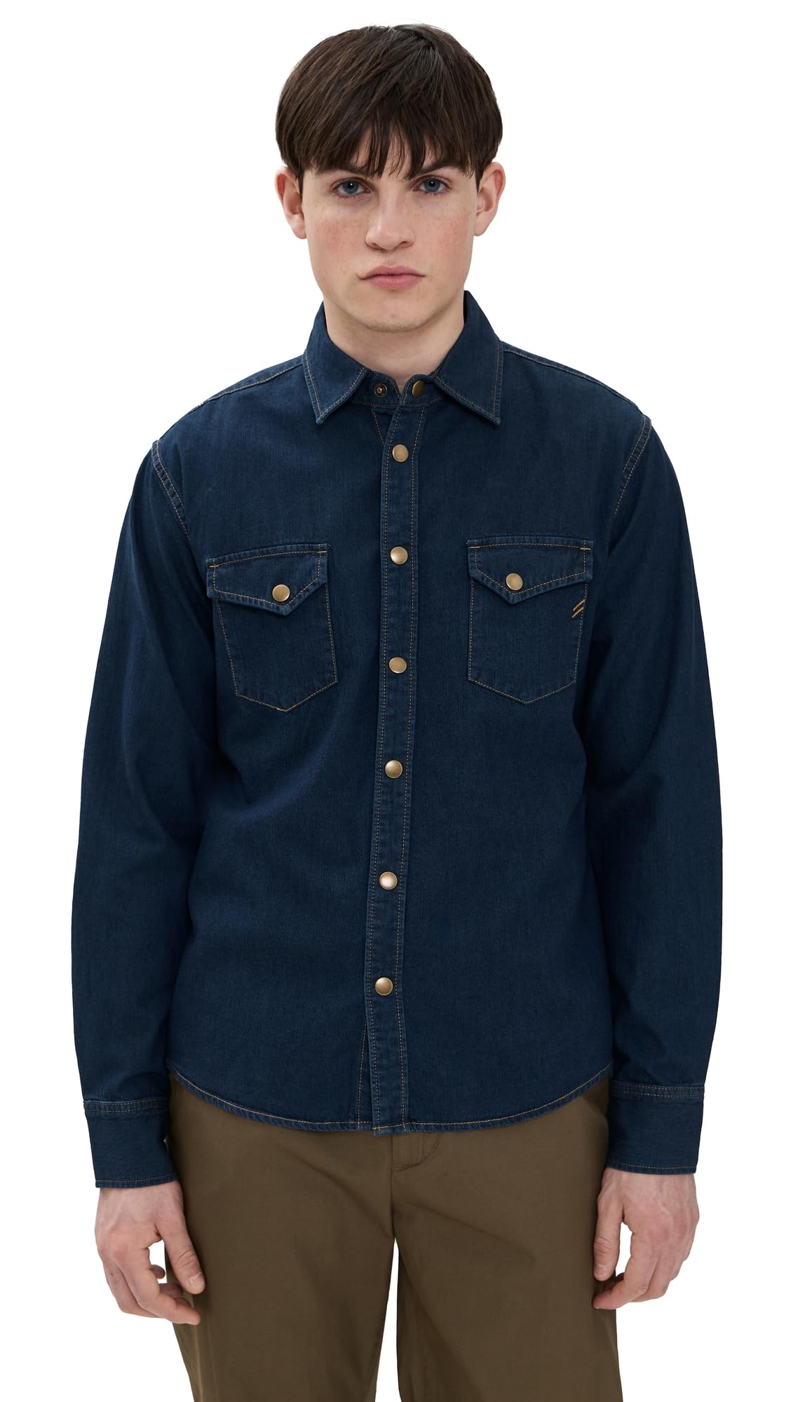 Billy Reid Men's Denim Brass Snap Work Shirt - Classic Casual Button Down for Everyday Wear | Perfect for Work, Outdoor Activities & Layering