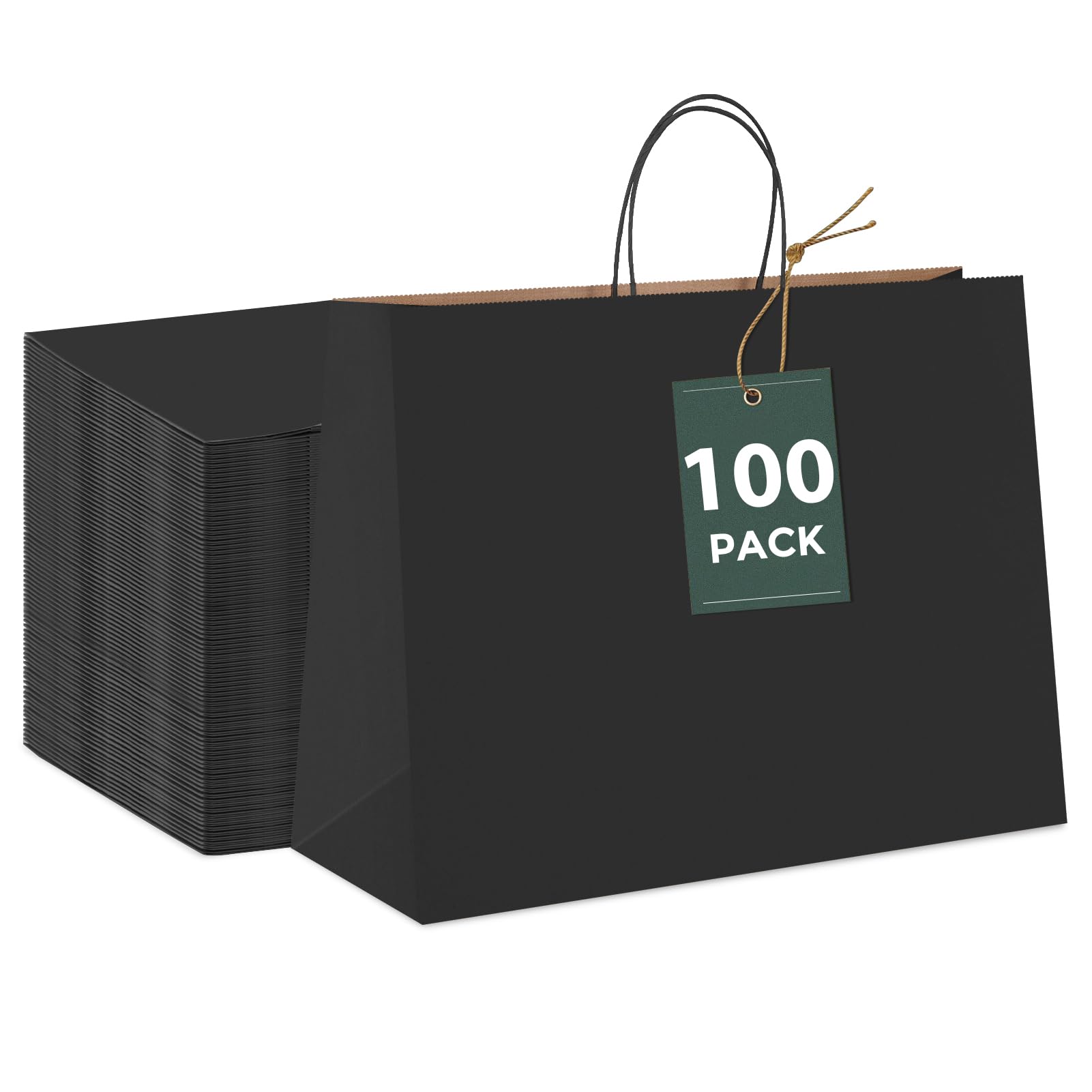 GSSUSA 16x6x12 Black Kraft Paper Bags with Handles - 100 Pack Bulk Gift & Shopping Bags for Small Business, Boutique, Grocery, Food Takeout, Merchandise | Eco-Friendly Retail Packaging for Parties, Events & Store Use