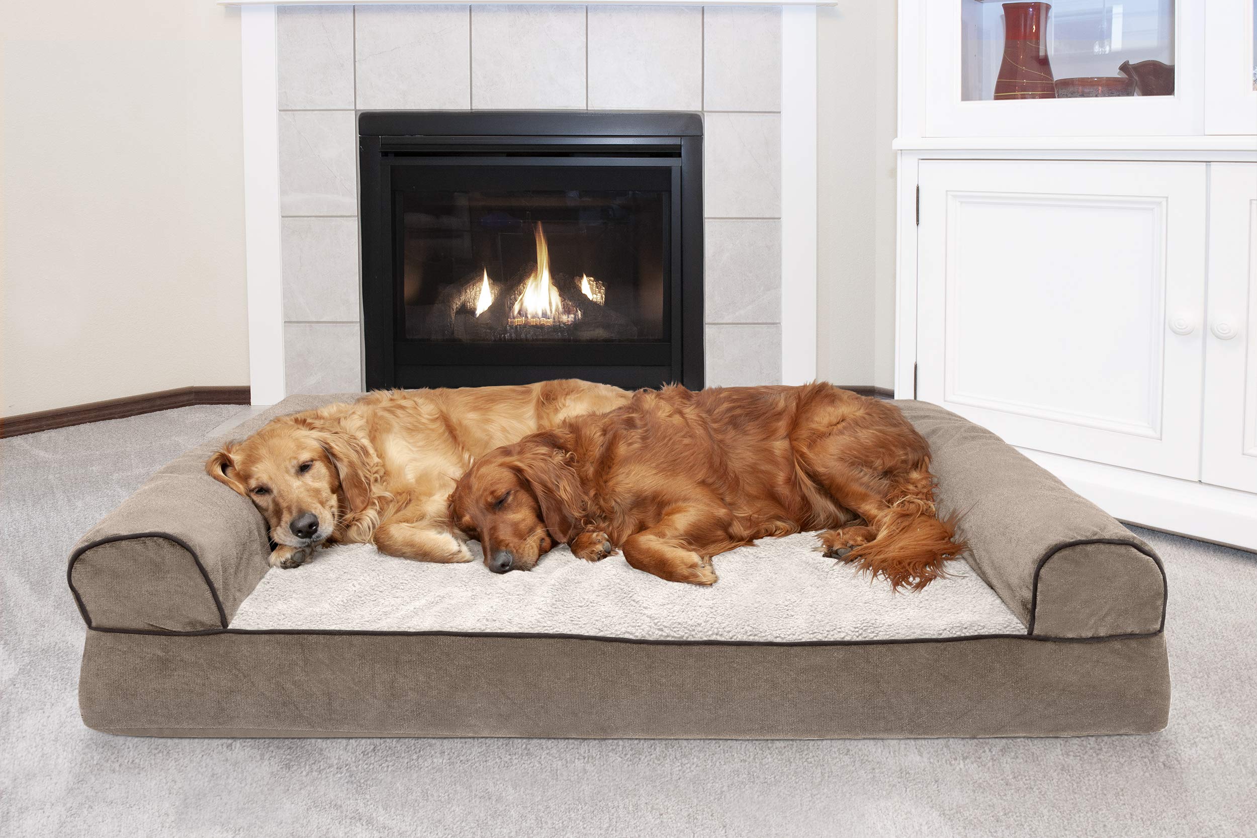 Furhaven Orthopedic Dog Bed for Large Dogs up to 125 lbs - Removable Bolsters & Washable Cover - Sherpa & Chenille Sofa Style - Cream Jumbo Plus/XXL - Perfect for Arthritis Relief & Comfortable Sleeping in Living Room or Bedroom