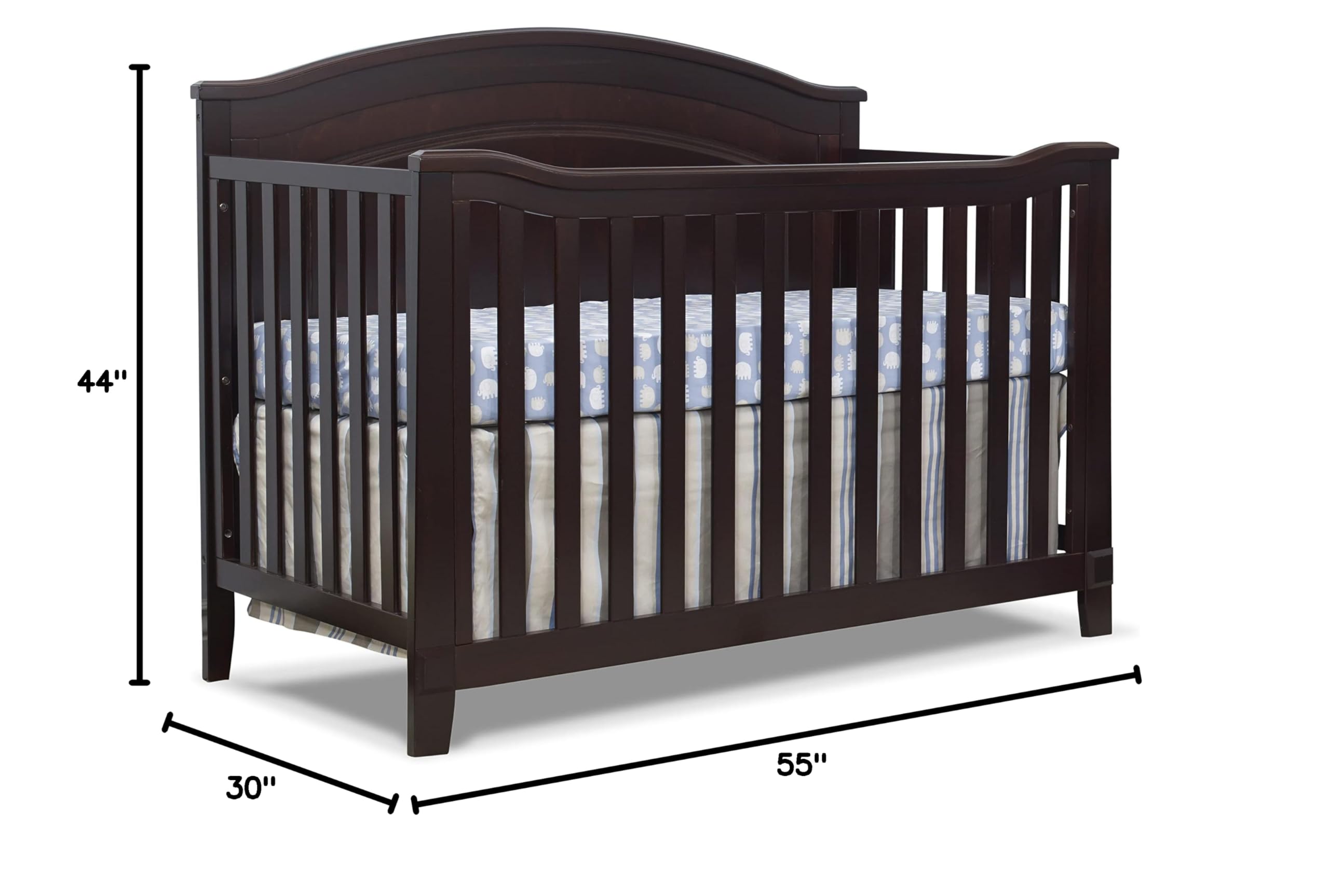 SORELLE FURNITURE Berkley 4-in-1 Convertible Wooden Crib - Non-Toxic Finish, Classic Round Top Design for Nursery, Converts to Toddler Bed, Daybed & Full-Size Bed (Espresso) | Perfect for Baby's First Bedroom & Growing Child's Room