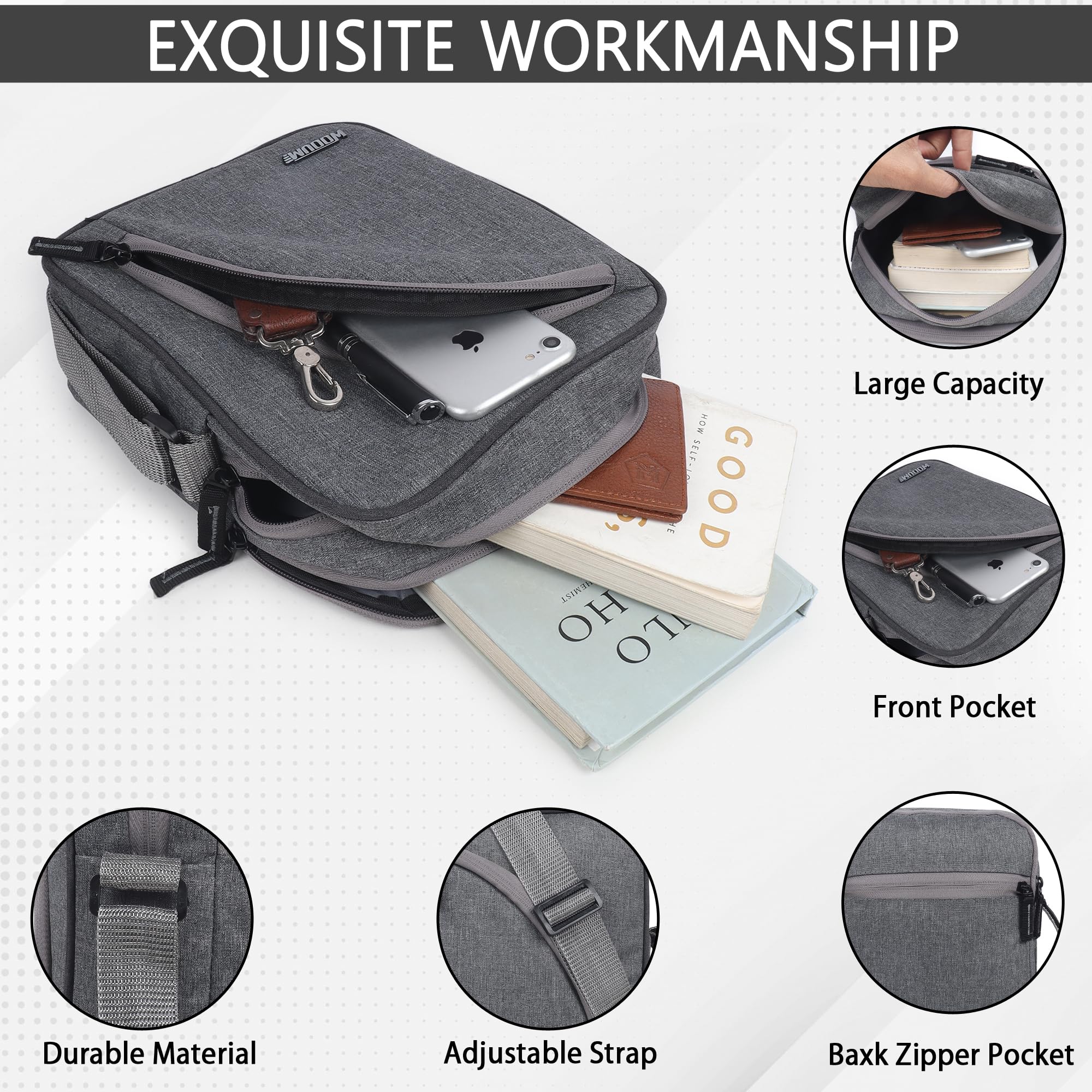 Wooum Sling Bag Cross Body Messenger Bag - Compact Size 10x8x4 Inch (Tgrey) - Water-Resistant with 4 Zipper Compartments, Adjustable Strap & Tablet Holder - Large Capacity for Travel, Work & Daily Use