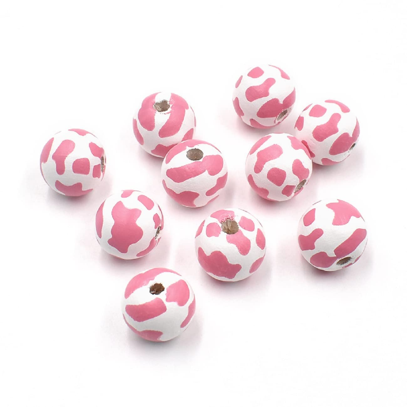 Decoendiy 100Pcs 16mm Pink Printed Cow Wood Beads - Large Hole Loose Spacer Beads for DIY Jewelry Making, Necklaces, Bracelets & Crafts - Perfect for Boho, Farmhouse & Western Style Accessories