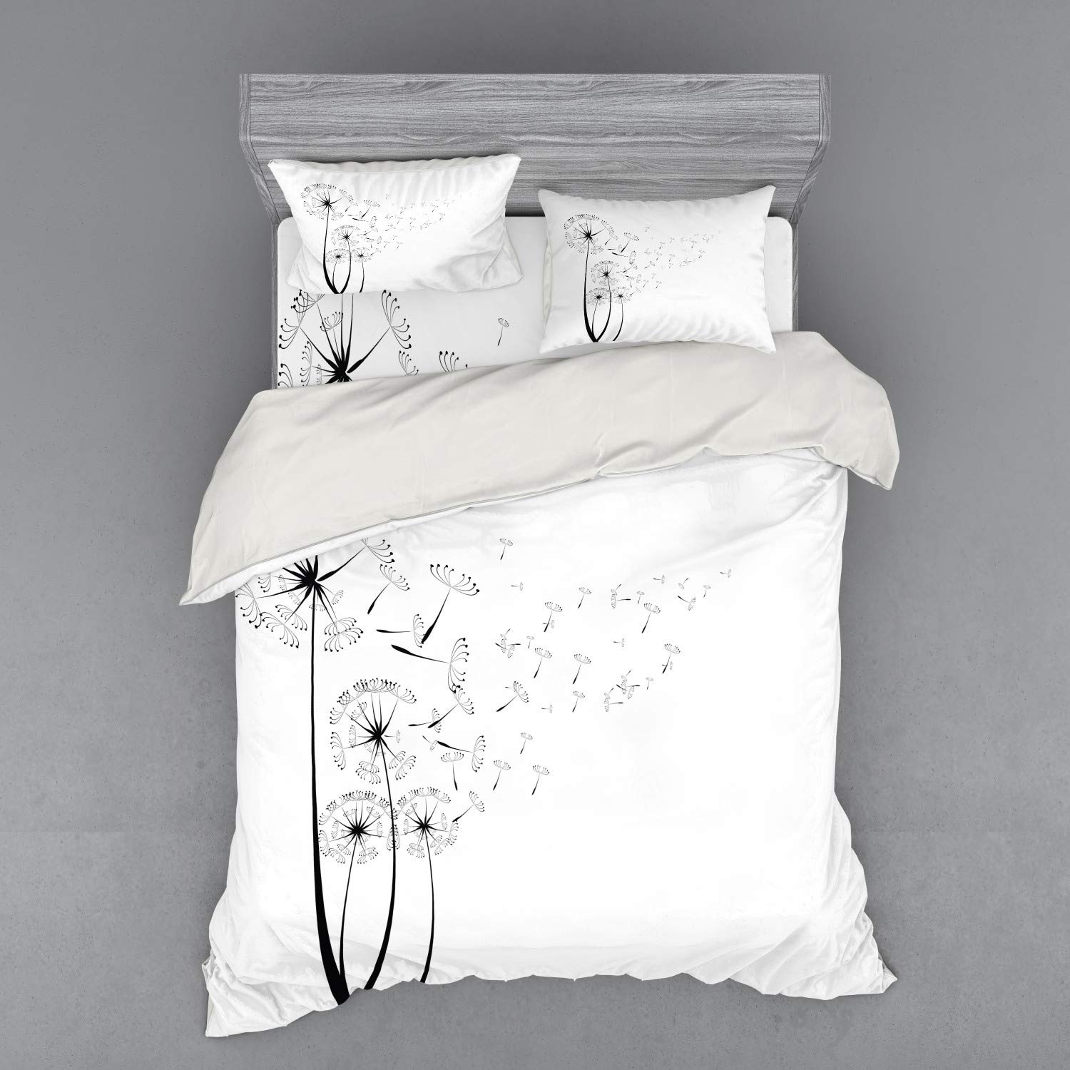 Ambesonne Dandelion Duvet Cover Set - Monochrome Floral Design with Blowing Dandelions, 3-Piece Queen Size Bedding Set Includes Sham & Fitted Sheet in White Charcoal Grey - Perfect for Bohemian Bedroom Decor, Guest Room Makeover or Romantic Themed Bedroom