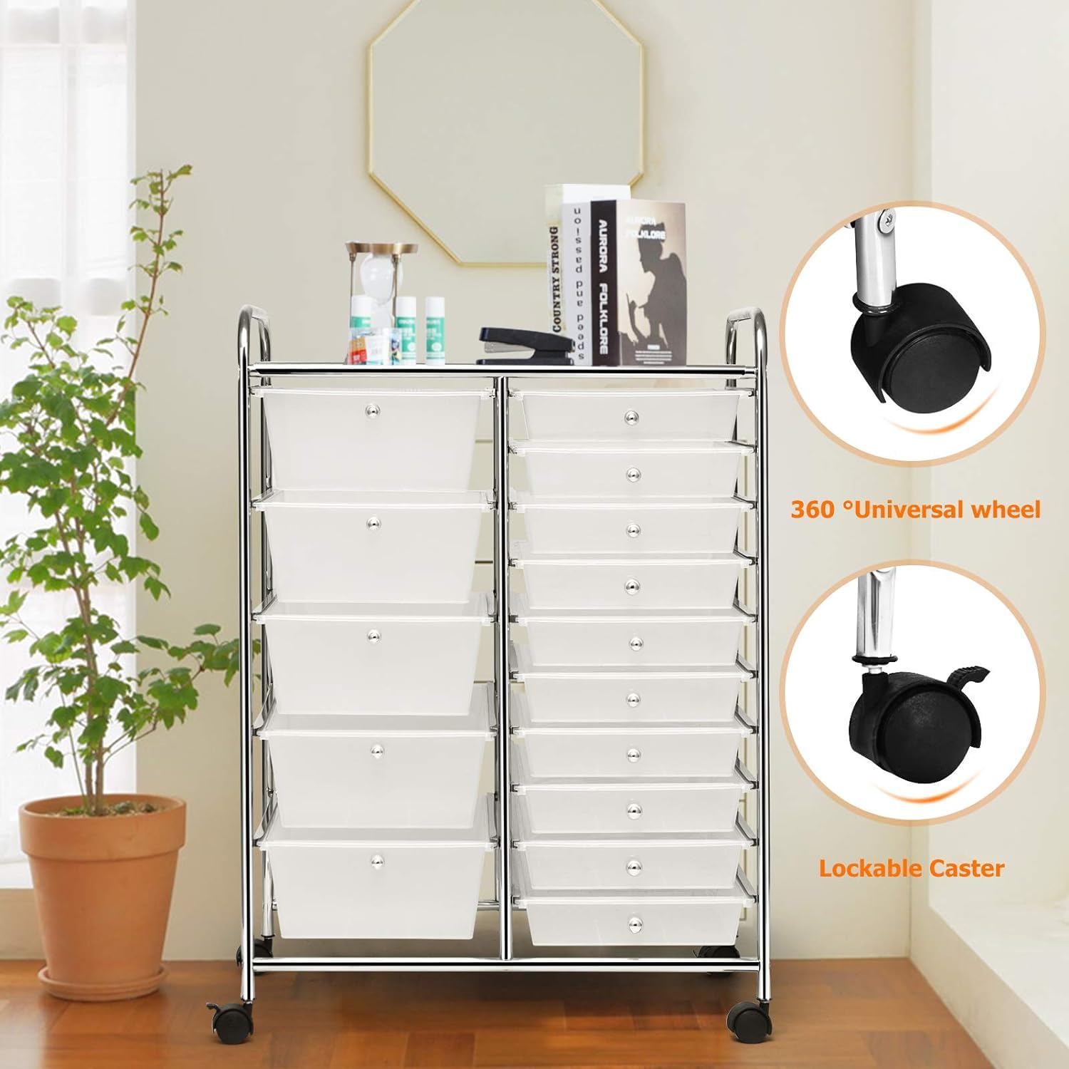 LDAILY 15-Drawer Rolling Storage Cart with Durable Metal Frame - Multipurpose Mobile Organizer for Office, School, Craft Room & Home - Perfect for Scrapbook Supplies, Stationery & Tools (Clear)