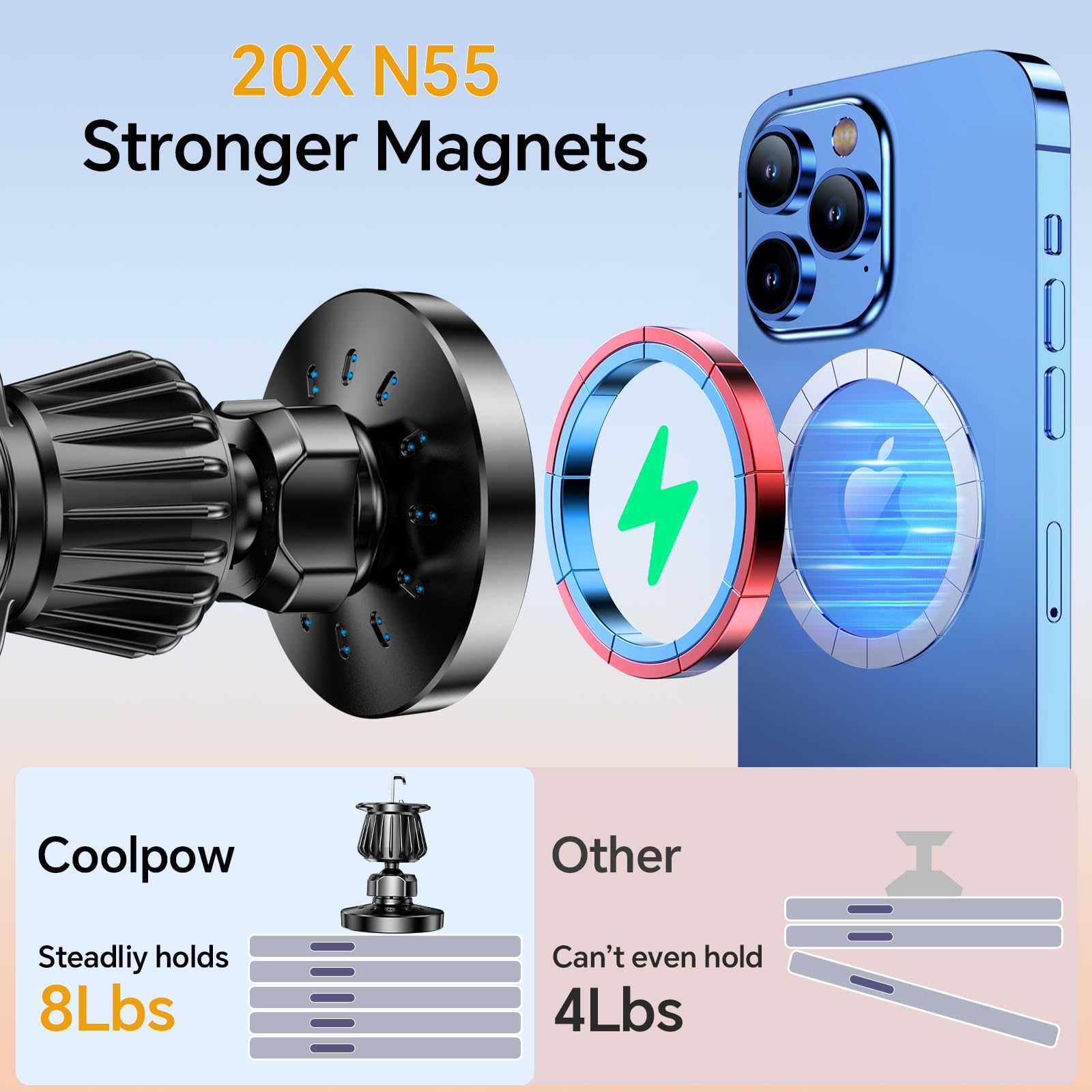 **20 Strong Magnets & 15W Fast Charging Magsafe Car Mount Wireless Charger - Compatible with iPhone 15 Pro/Plus/Max, 14, 13, 12 & MagSafe Cases | Secure Dashboard Phone Holder for Hands-Free Charging on the Go**