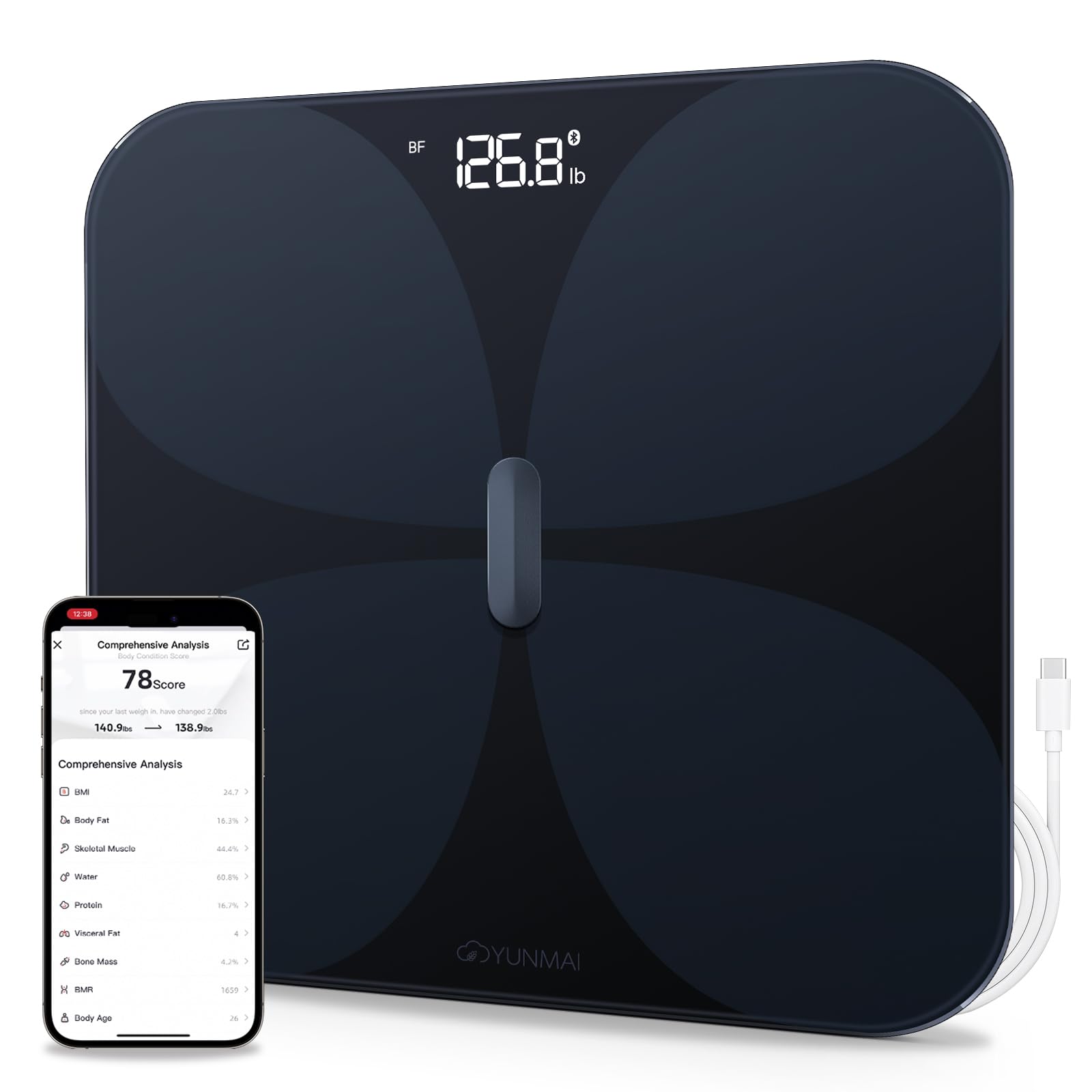 Yunmai Smart Body Composition Scale - Accurate Digital Bluetooth Bathroom Scale with BMI, Body Fat, Muscle Mass & 13 Health Metrics - Rechargeable, 400lb Capacity - Syncs with Apple Health - Perfect for Home Gym, Weight Loss Tracking & Fitness Enthusiasts