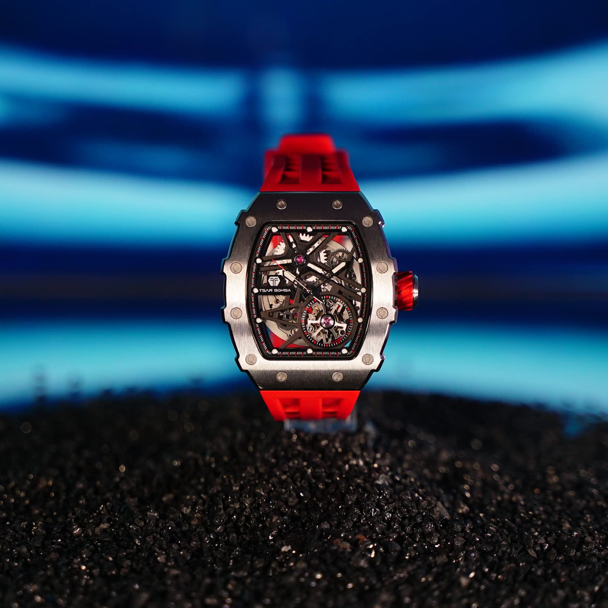 TSAR BOMBA Men's Automatic Skeleton Watch - Luxury Tonneau Design, 50M Waterproof, Silver Square Big Face with Silicone Strap - Perfect for Business, Formal Events & Everyday Wear