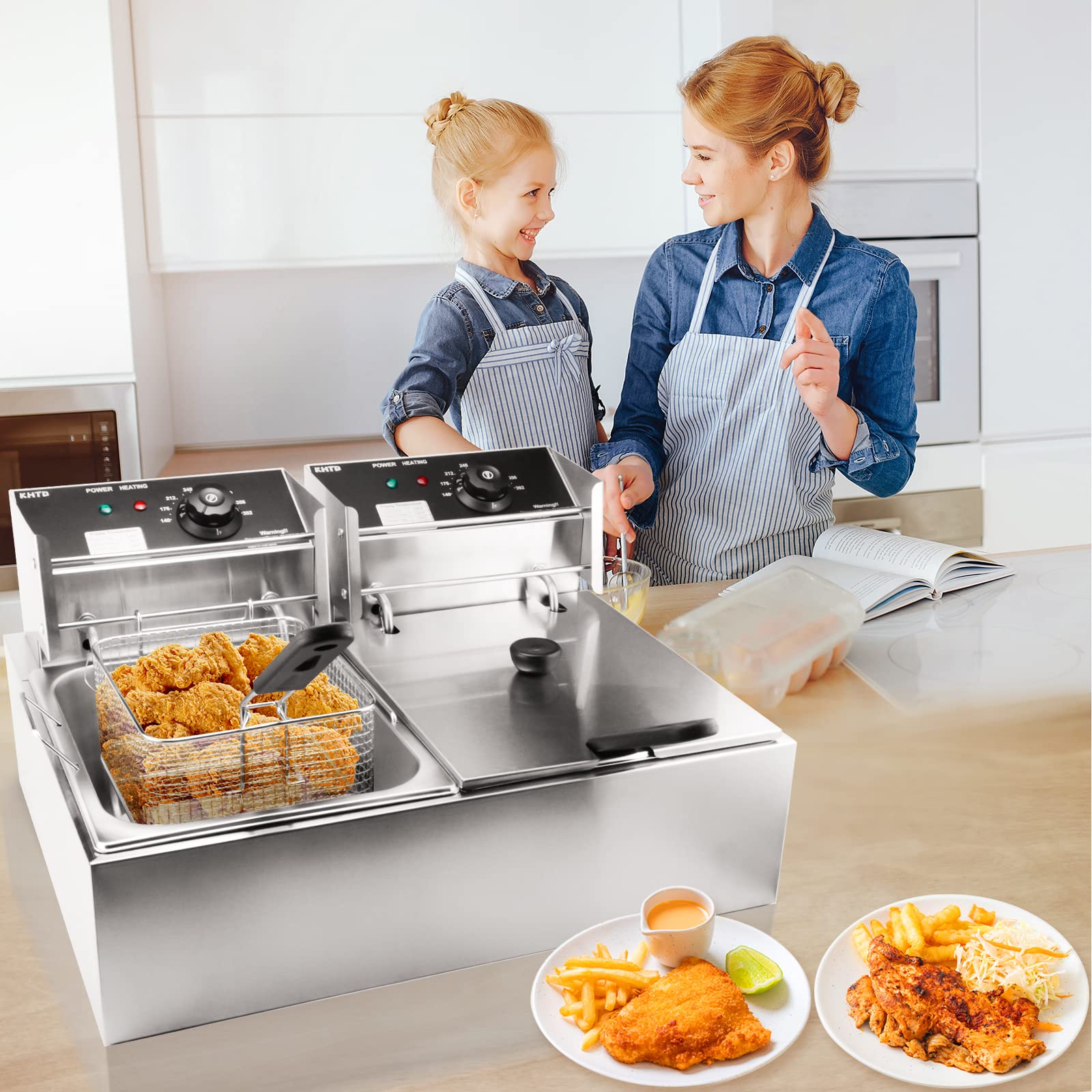 Commercial Deep Fryer with Basket - 3400W 12.7QT/12L Stainless Steel Electric Oil Fryer with Temperature Control - Large Capacity Detachable Countertop Fryer for Restaurant, Home Kitchen & Catering Use