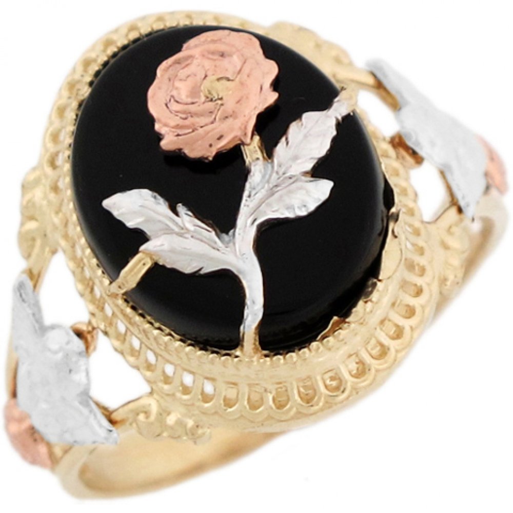 10K Tri-Color Gold Oval Onyx Angel & Rose Flower Ring - Vintage Jewelry for Women, Elegant Statement Ring for Parties, Weddings & Special Occasions
