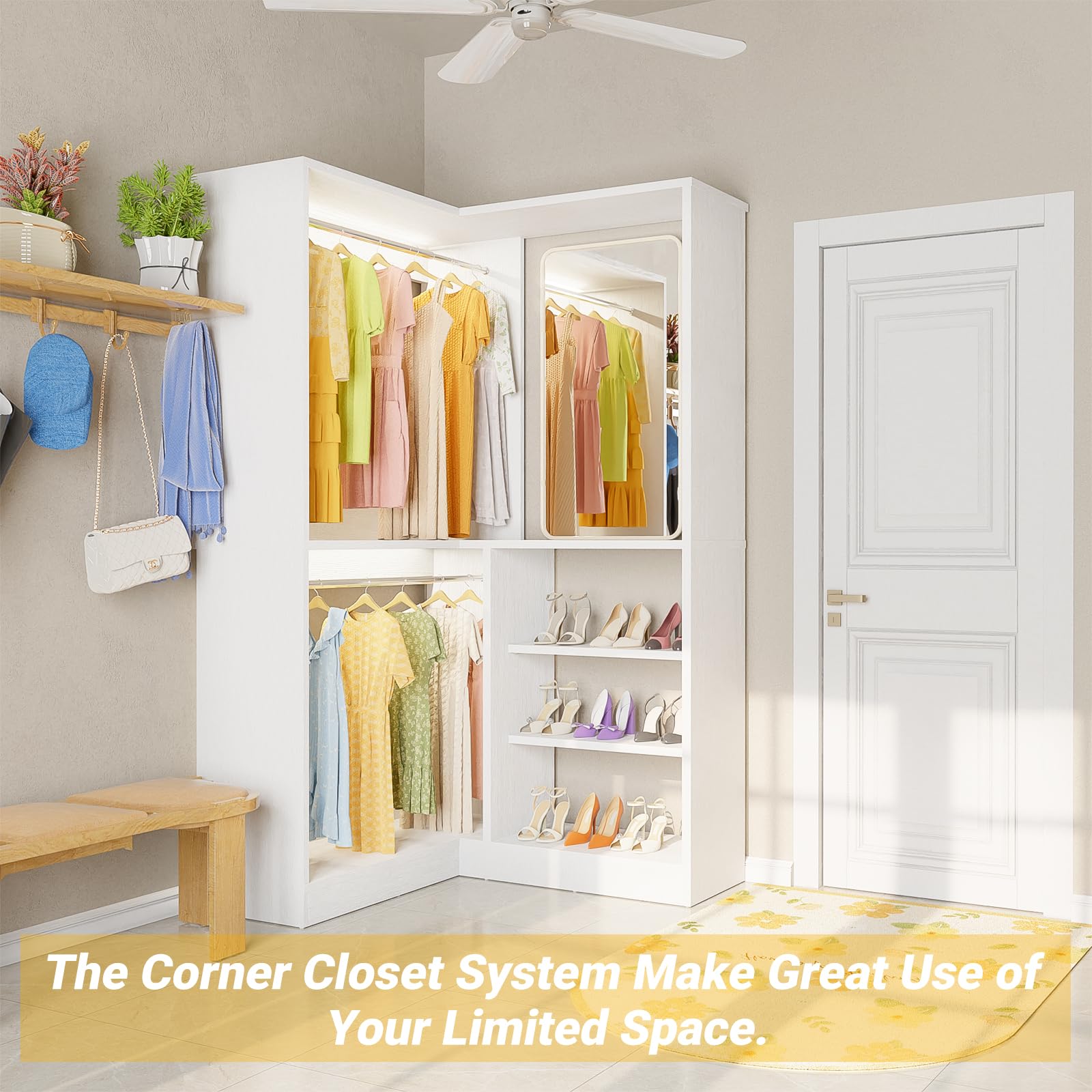 Unikito 36 Inch Freestanding Closet Organizer System - Large Corner Closet Tower with 2 Hanging Rods & Storage Shelves, Walk-in Closet Storage Solution (36