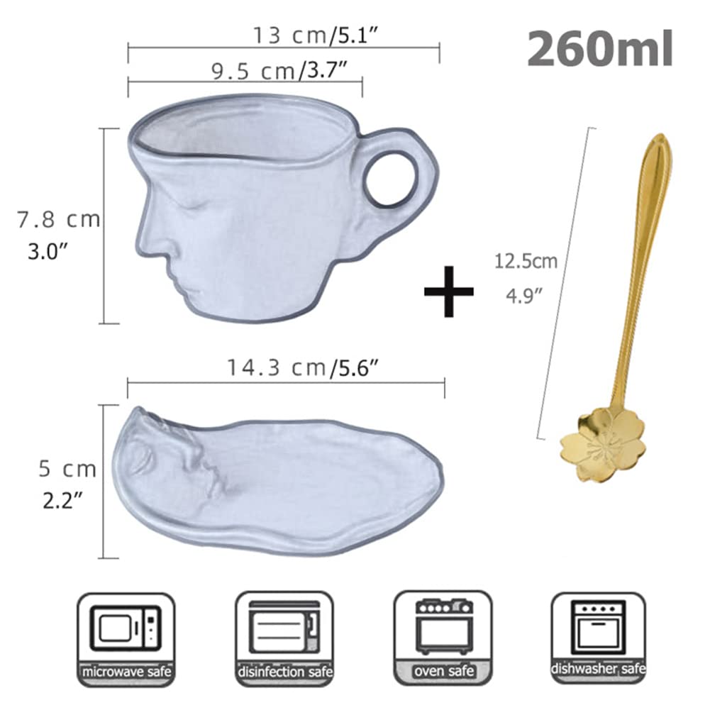 Creative Face Mug Set - 4-Piece Ceramic Coffee Cups & Saucers for Espresso, Cappuccino, Latte - Fun Tea Drinking Cups - Microwave & Dishwasher Safe (Red) - Perfect for Home, Office & Gifts