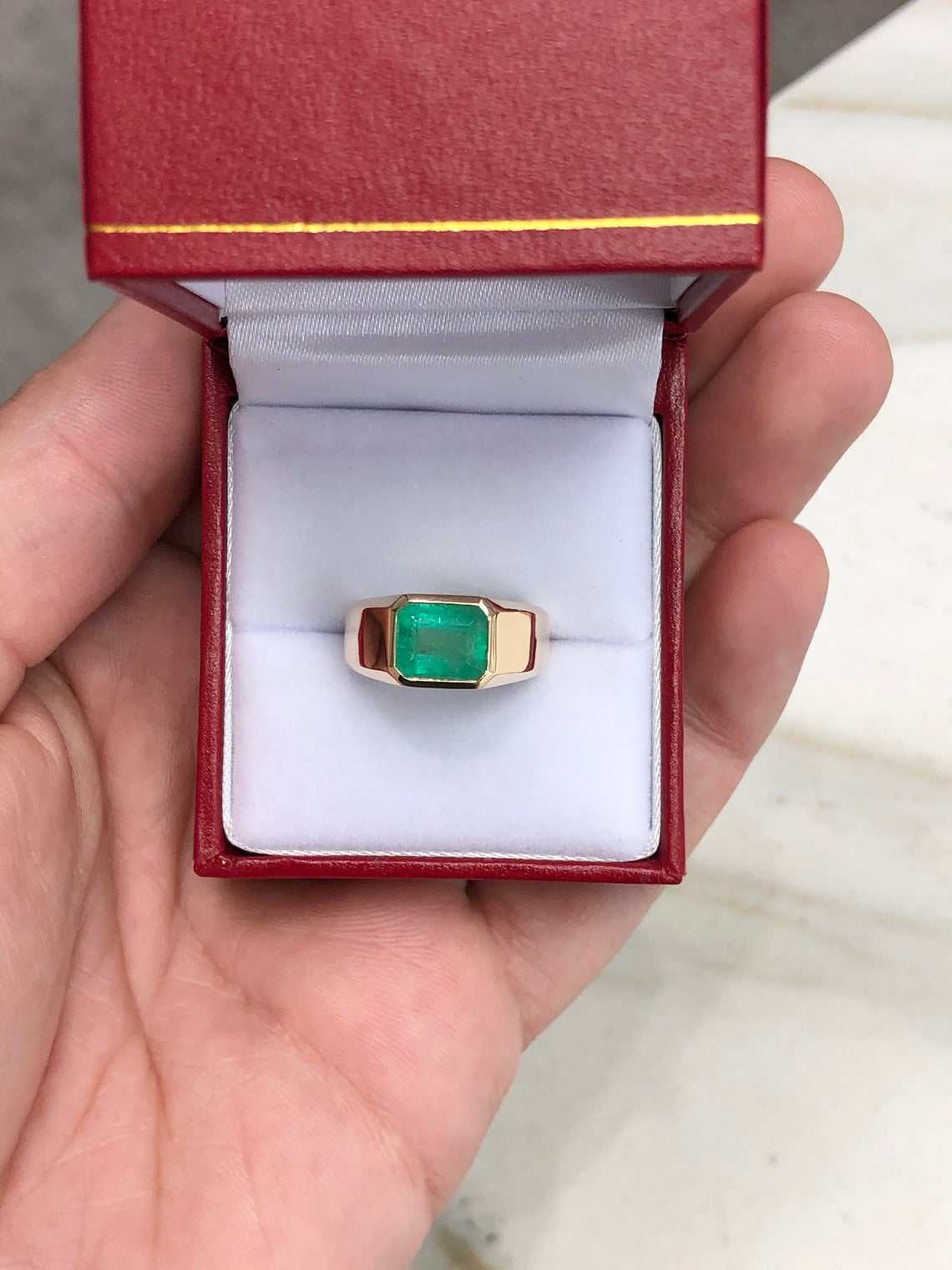2.40ct Bold Emerald East-West Gypsy Signet Ring in 14K Gold - Elegant Bezel Setting for Women's Fashion Jewelry & Gift Giving