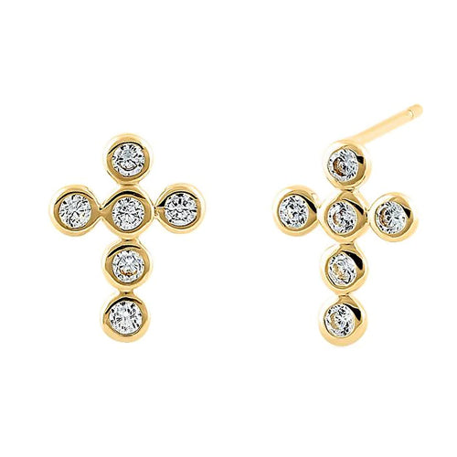 14K Solid Yellow Gold Round Cross Stud Earrings with Clear Cubic Zirconia - Perfect for Everyday Wear, Gifts & Special Occasions