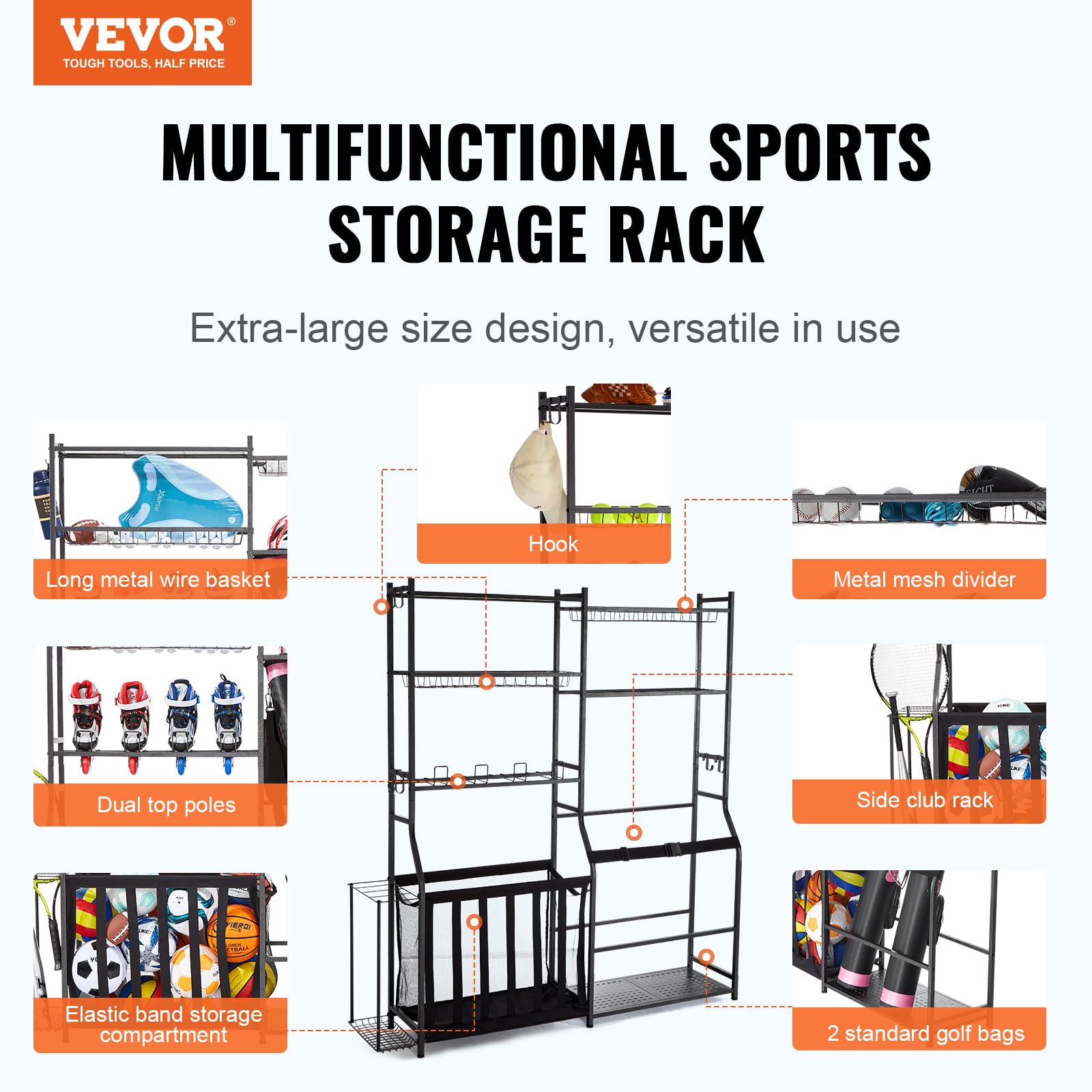 VEVOR Golf Bag Organizer Stand - Heavy Duty Golf Bag Storage Rack with Hooks for Sports Equipment, Toys & Gear - Perfect for Garage, Basement & Club Storage Organization