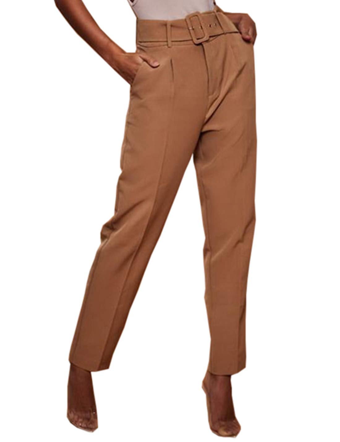 PAODIKUAI Women's High Waist Office Pants - Straight Leg Work Pants with Belt for Business & Casual Wear