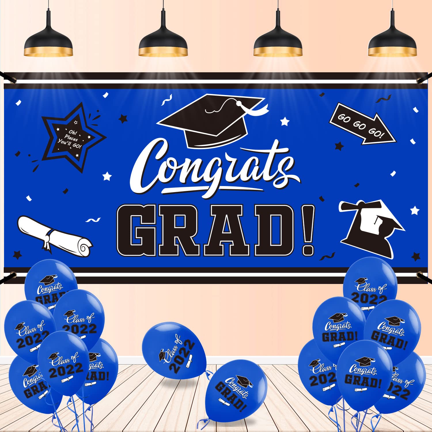 Large Blue Graduation Backdrop Banner with Congrats Grad Balloons - Photography Background for 2022 Graduation Party Decorations | Perfect for Graduation Ceremonies, School Events & Photo Booths