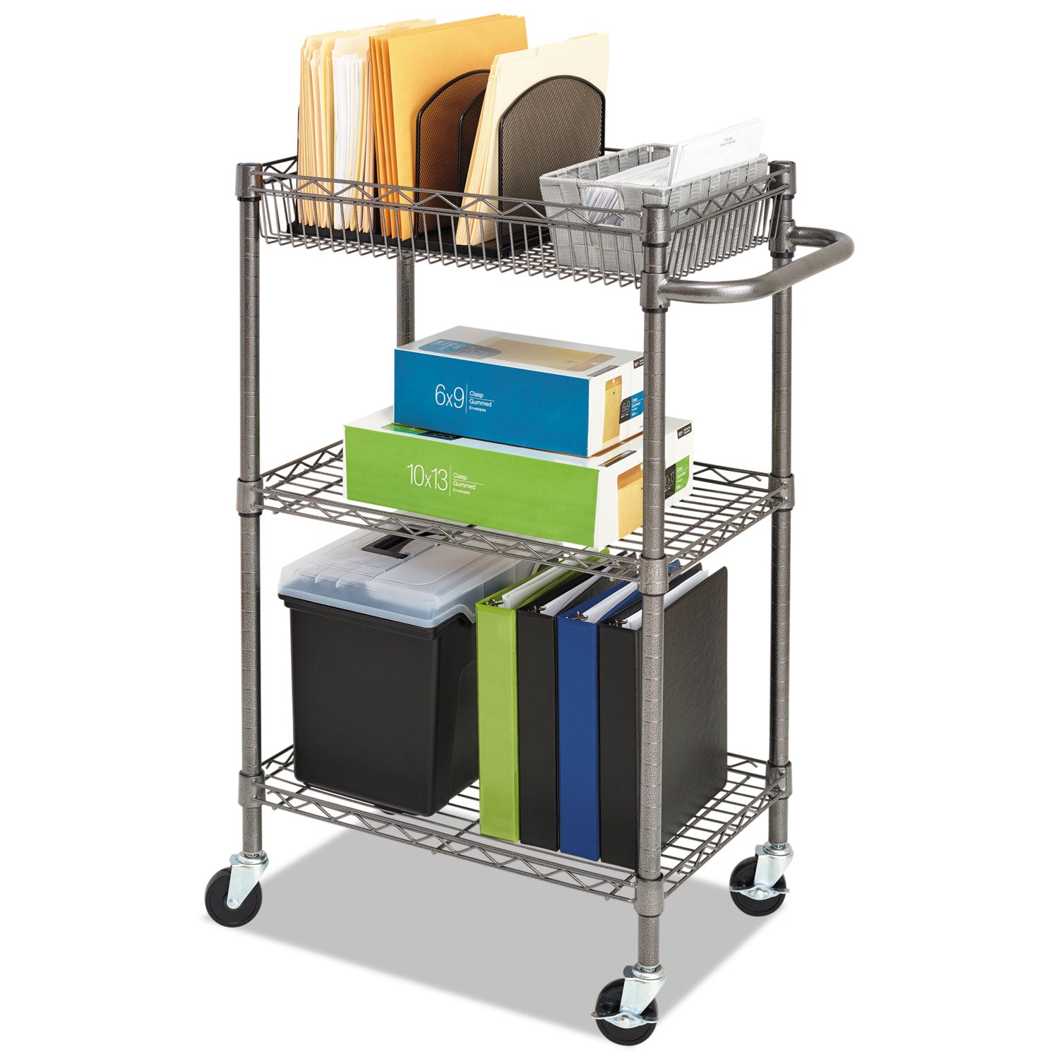 Alera® 3-Tier Heavy Duty Wire Utility Cart with Storage Basket - 500 lb Capacity Metal Rolling Cart, 28