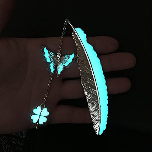 Glow in The Dark 3D Butterfly Metal Bookmark with Lucky Grass & Pendant - Luminous Reading Gift for Women, Men, Kids - Perfect for Night Reading, Book Lovers & Unique Present Ideas