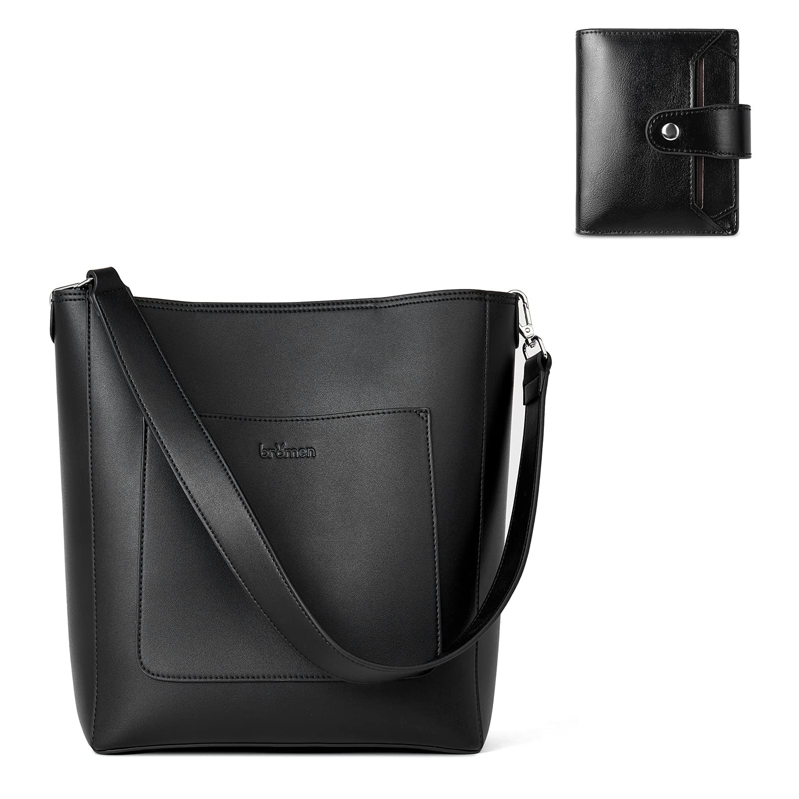 BROMEN Women's Leather Hobo Bag & RFID Bifold Wallet Set - Crossbody Bucket Purse with Card Case (Black) | Perfect for Work, Travel & Everyday Use