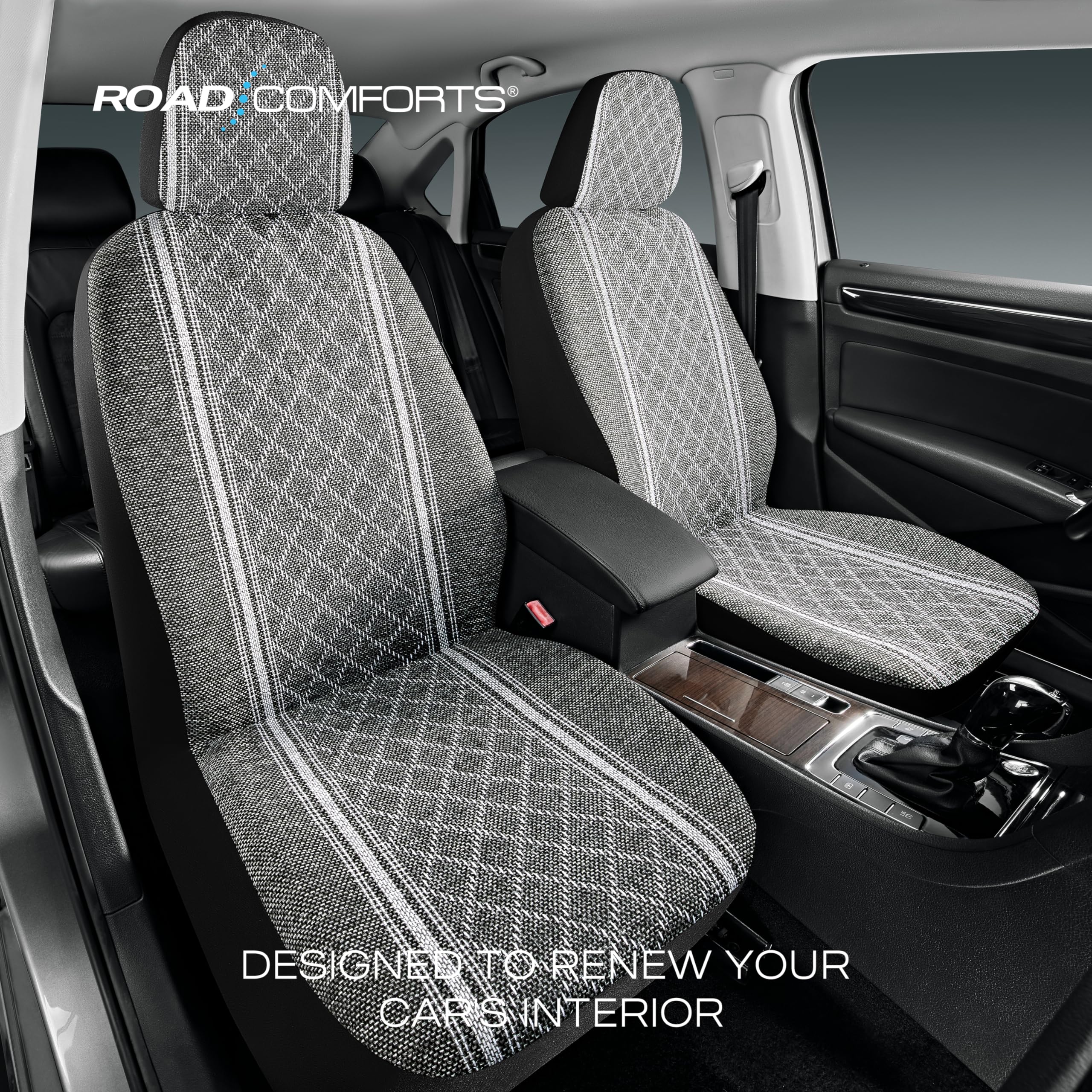 Road Comforts Baja Blanket Seat Covers - Gray Diamond Jacquard Fabric Bucket Seat Covers for Cars, Trucks, SUVs & Vans | Airbag Compatible, Universal Fit Low Back Design | Perfect for Road Trips, Camping & Daily Commute