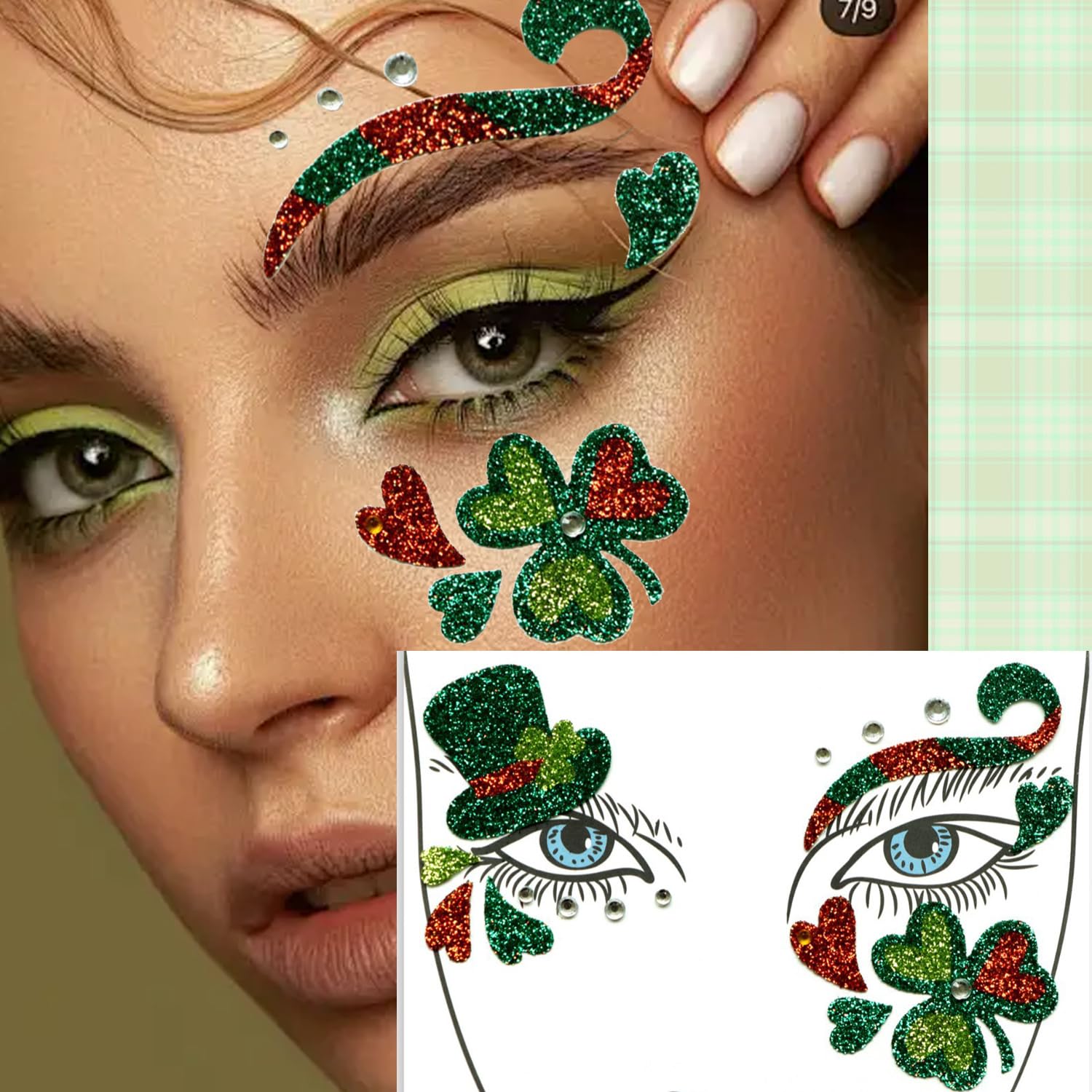 1 Sheet St. Patrick's Day Face Gems - Magic Clover Hat & Glitter Eye Jewels | Self-Adhesive Face Stickers for Women & Adults | Perfect for St. Patrick's Day Parties, Festivals & Themed Events | Face & Body Decoration Accessories