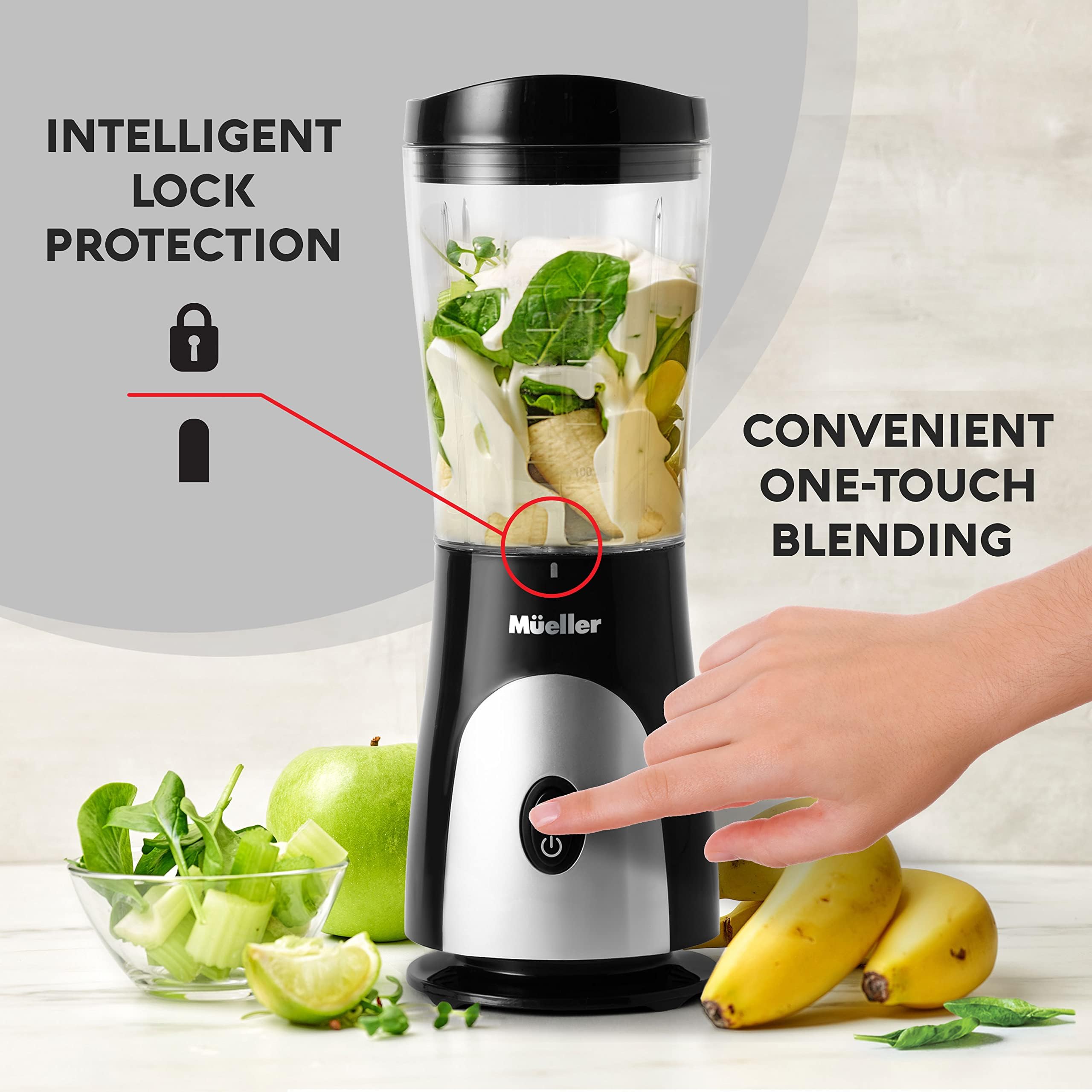 Mueller Smoothie Blender - 15oz Personal Blender for Shakes, Frozen Drinks, Baby Food & Smoothies | Durable Stainless Steel Blades | Includes Travel Cup & Lid | Perfect for Kitchen, Gym, Office & Travel (Black)