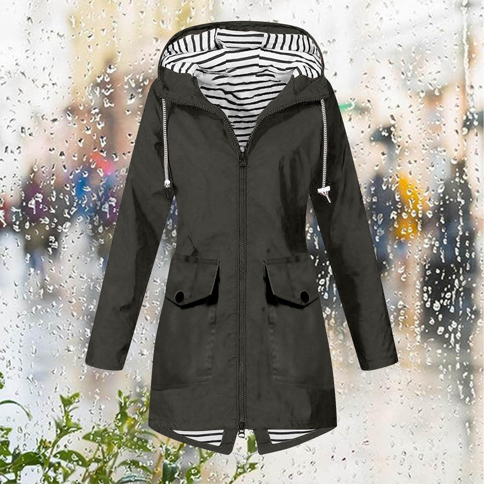 Waterproof Lightweight Rain Jacket for Women - Long Hooded Windbreaker with Striped Lining, Outdoor Active Trench Coat | Perfect for Hiking, Commuting & Rainy Day Adventures
