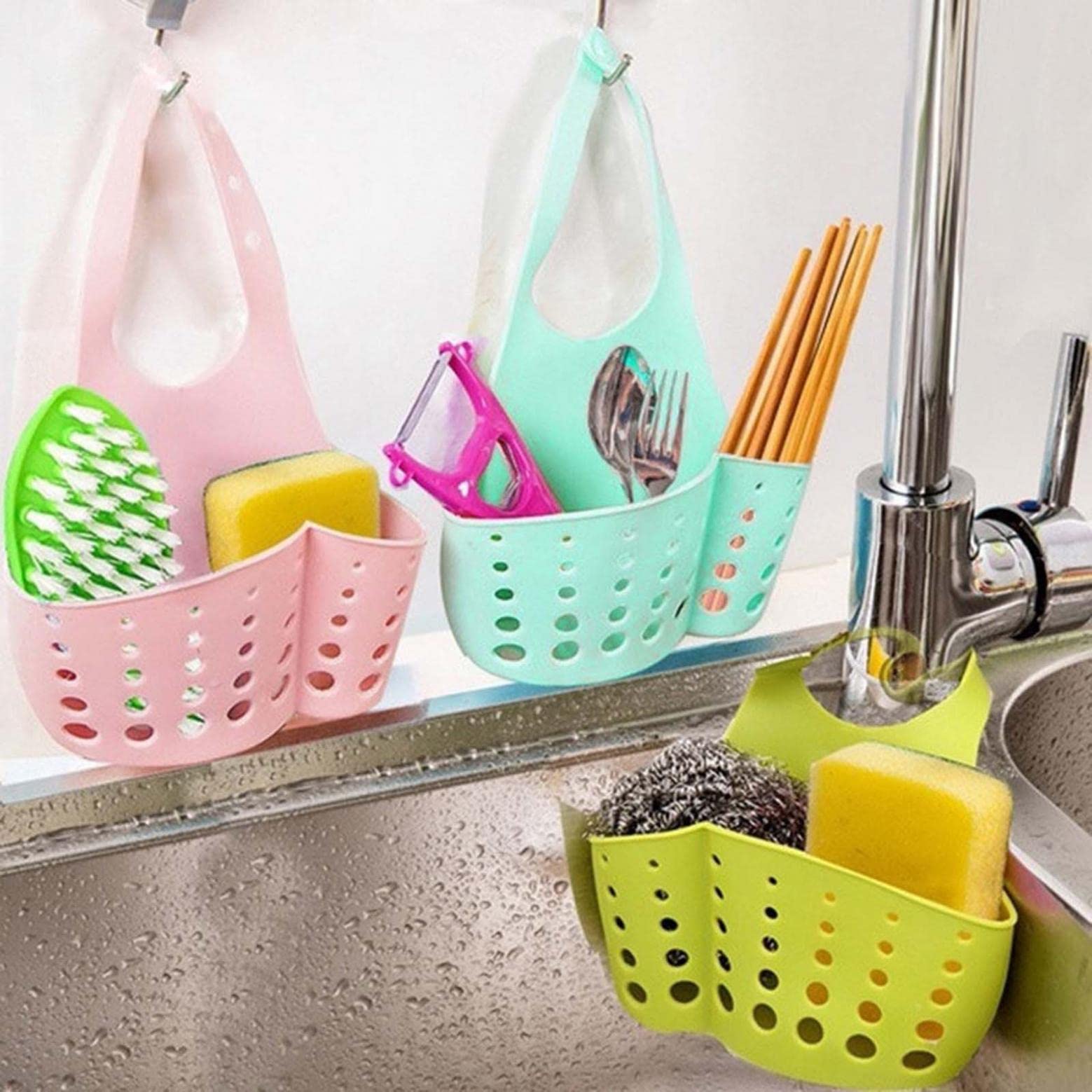 Portable Hanging Basket for Kitchen & Bathroom - Multifunctional Sink Organizer with Sponge Holder, Drain Rack & Storage Bag - Perfect for Small Space Organization, Dishwashing Tools Storage & Bathroom Accessories