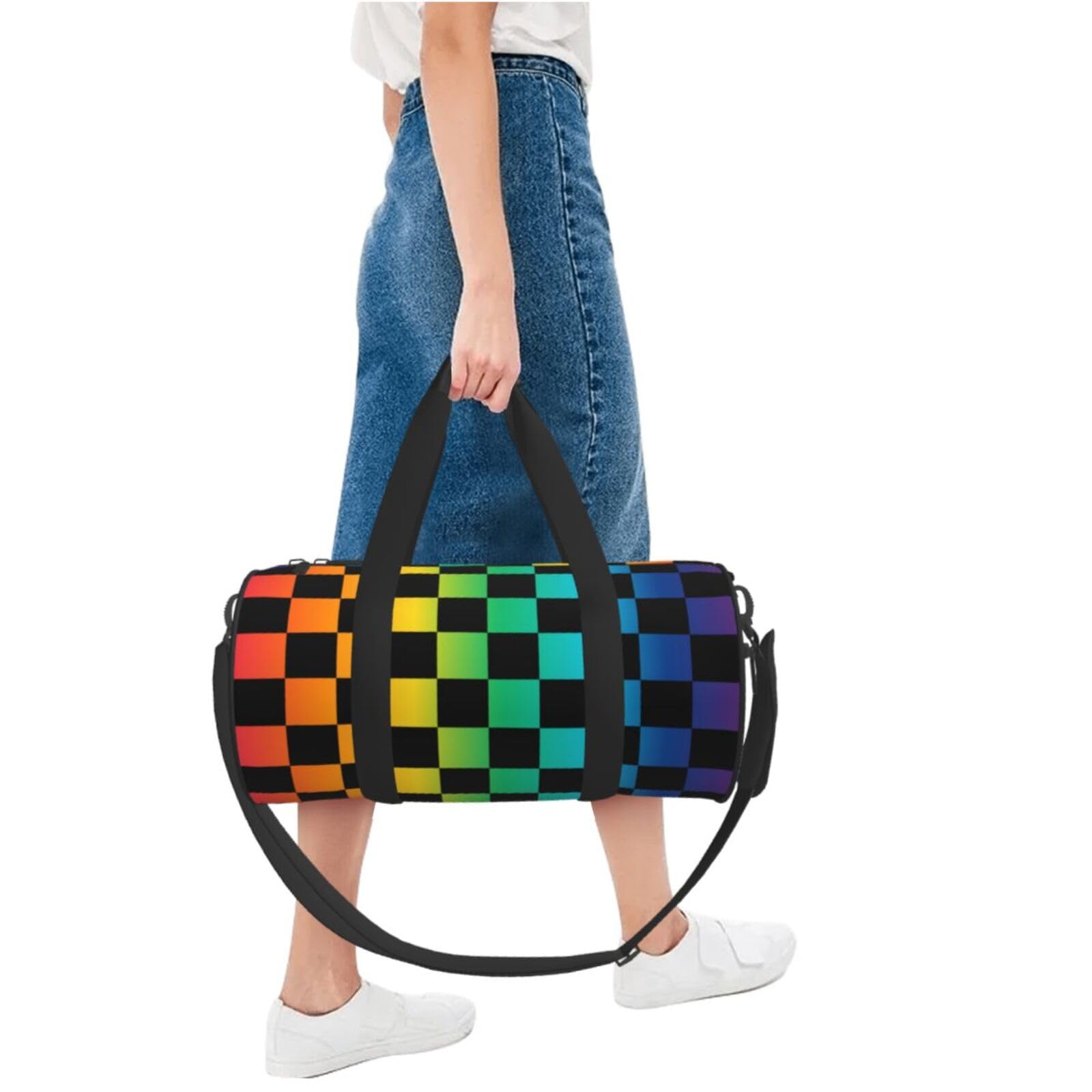 Rainbow Checkered Gym Bag - Lightweight Foldable Duffle Bag with Shoes Compartment for Men & Women | Perfect for Yoga, Sports, Travel & Workout