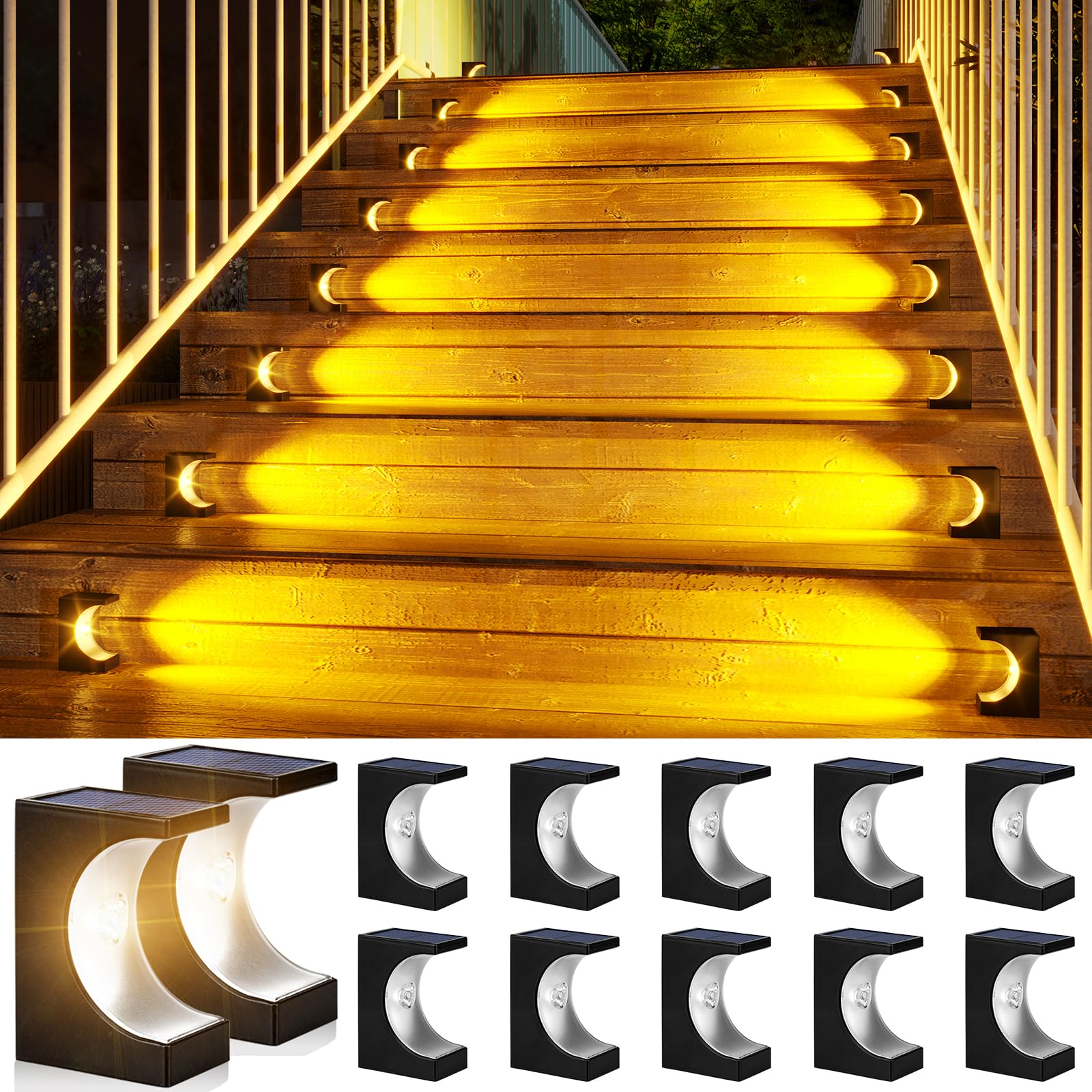 ROSHWEY 12 Pack Solar Step Lights Outdoor Waterproof, Warm White LED Stair Lights for Patio, Deck, Porch, Walkway & Front Door - Solar Powered Landscape Lighting for Garden, Pathway & Driveway Safety