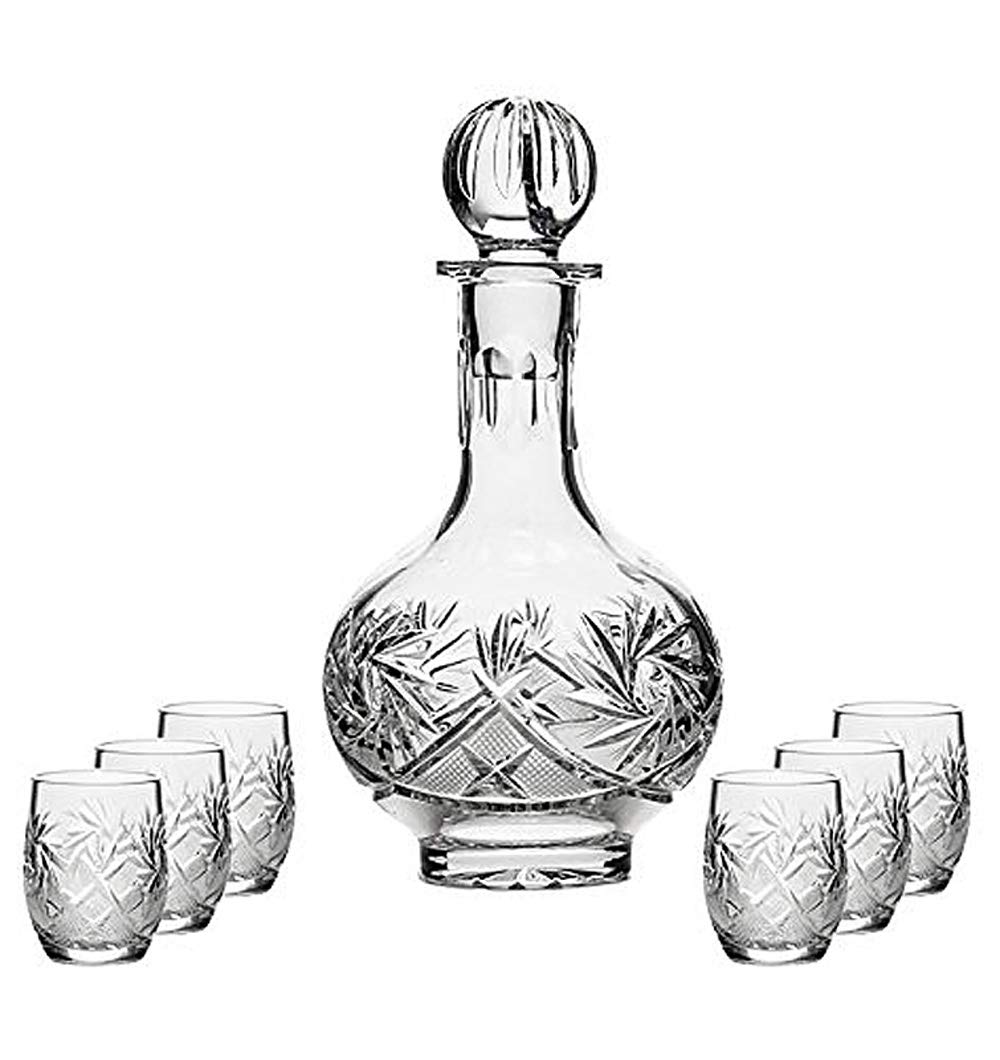 Premium Russian Cut Crystal Vodka Set - 12 Oz Carafe Decanter & 6 Vintage Crystal Shot Glasses for Home Bar, Parties & Gifts