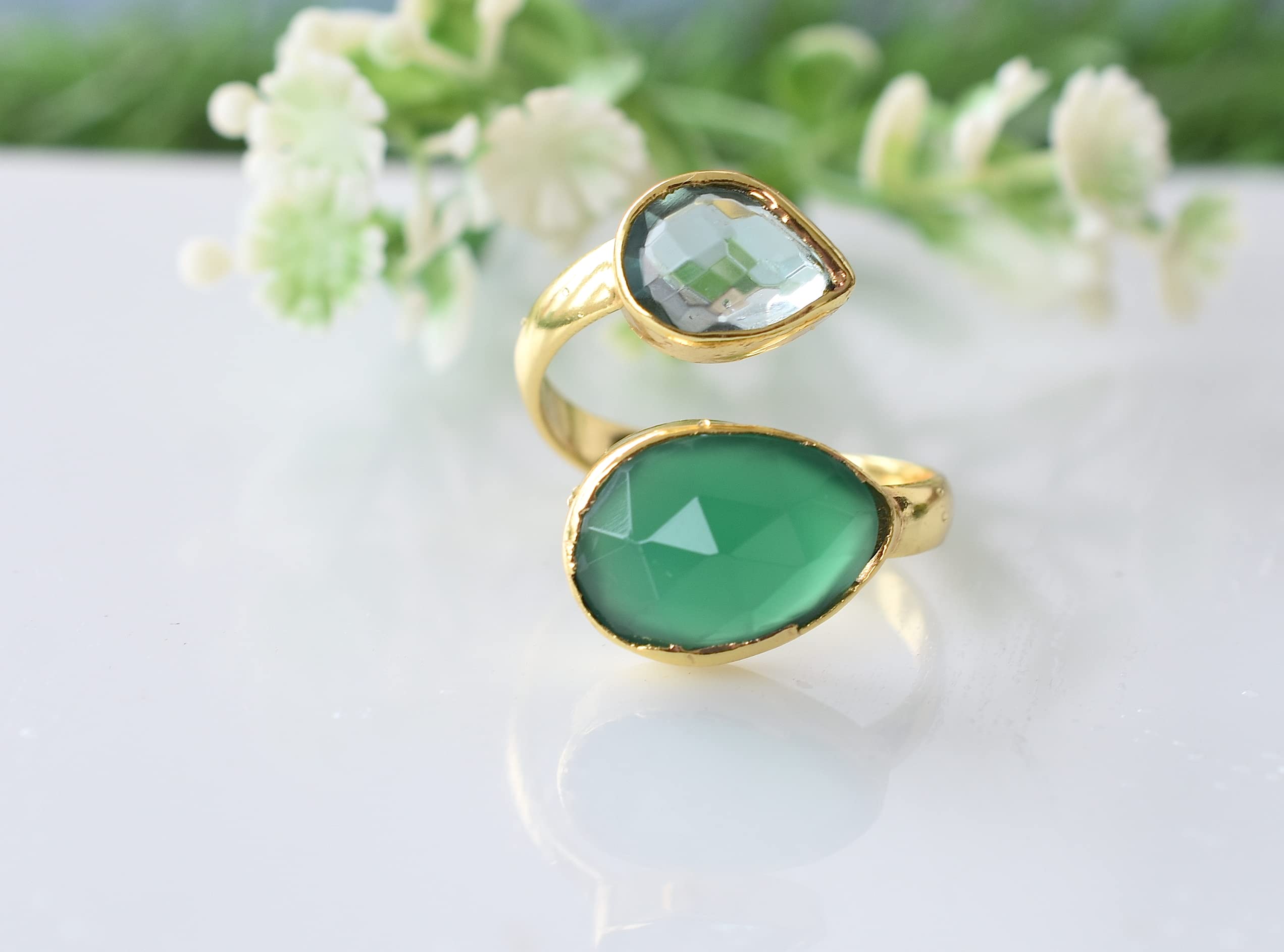 18K Gold Plated Green Onyx & Blue Topaz Ring for Women | Elegant Gemstone Jewelry | Perfect Birthday Gift & Bridesmaid Present | VR-085 | Wear for Special Occasions, Date Nights & Formal Events