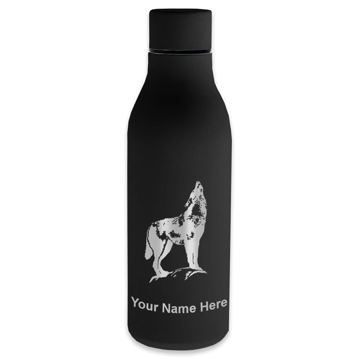 LaserGram Double Wall Insulated Stainless Steel Water Bottle with Howling Wolf Design - Personalized Engraving Included | Leakproof & Sweatproof | Perfect for Hiking, Gym & Outdoor Activities