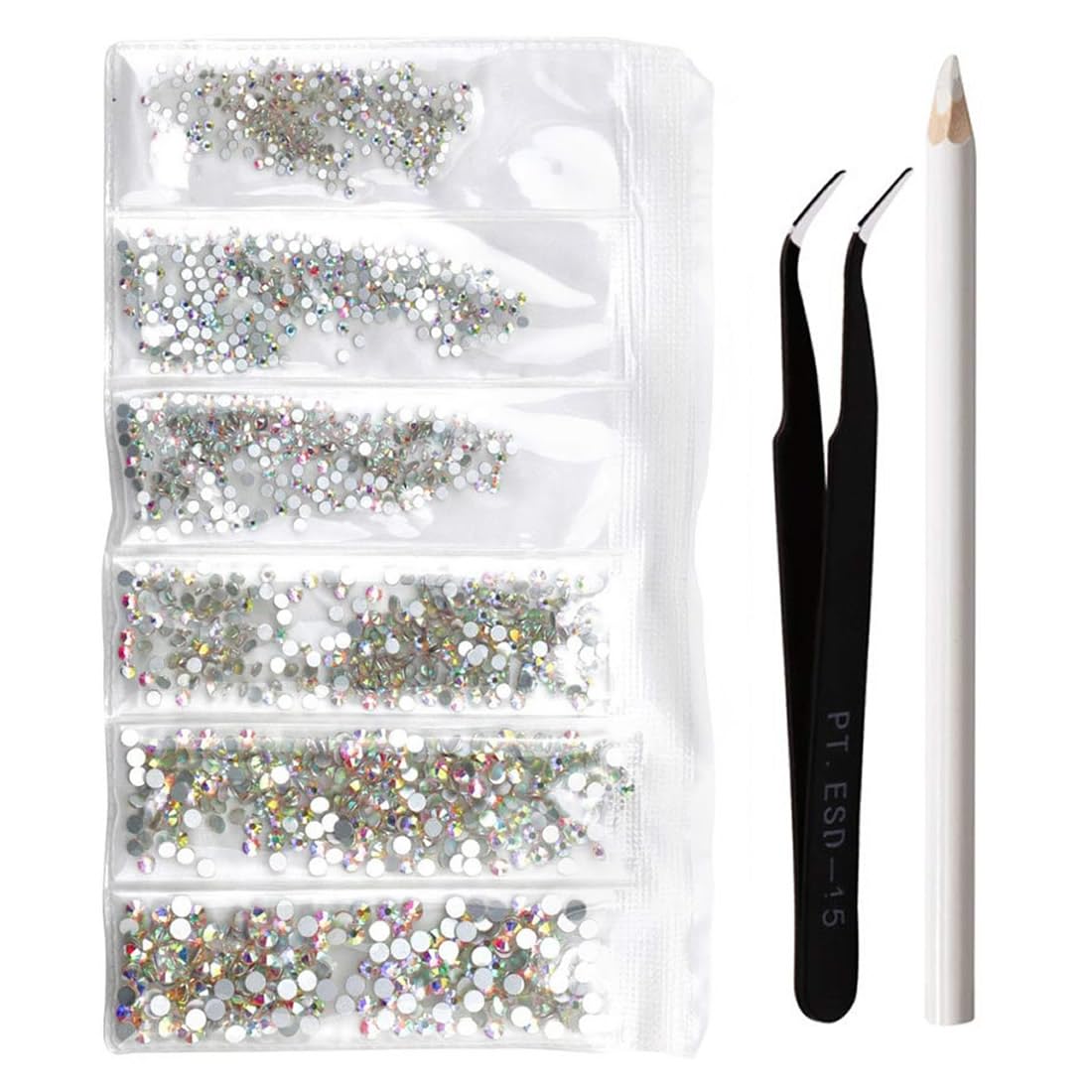 Gleevia 1440pcs Silver AB Round Diamond Glass Nail Rhinestones - Flatback Gems for Nail Art Decorations (Includes Rhinestone Pen & Tweezer) - Perfect for DIY Manicures, Wedding Nails, Salon Designs & Party Glam