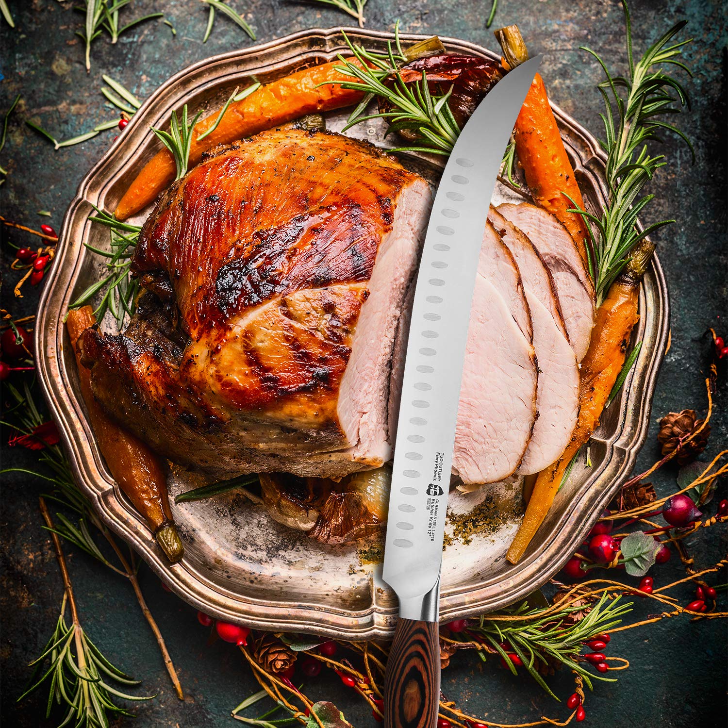 TUO 12-Inch Butcher Knife - German High Carbon Steel with Granton Edge for Effortless Meat Slicing - Curved Blade for Breaking, Carving & Chopping - Ergonomic Pakkawood Handle - Includes Gift Box (Perfect for BBQ, Butcher Shops & Home Kitchen Use)