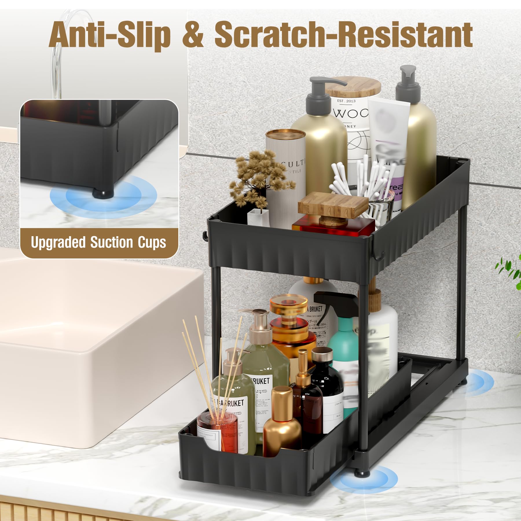 2-Pack Under Sink Organizer Set - Durable ABS Material 2-Tier Sliding Kitchen & Bathroom Storage with Hanging Cups - Space-Saving Cabinet Organizer for Sponges, Soaps & Cleaning Supplies (Black) - Perfect for Small Kitchens, Bathrooms & RVs
