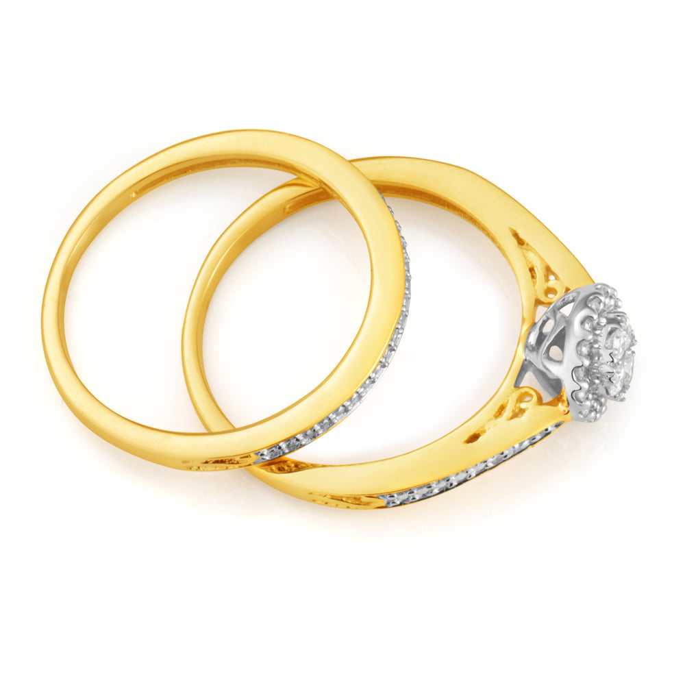 9ct Yellow Gold 2 Ring Diamond Bridal Set with 1/5 Carat Diamonds - Elegant Wedding Ring Set for Engagement, Proposal & Anniversary Gifts