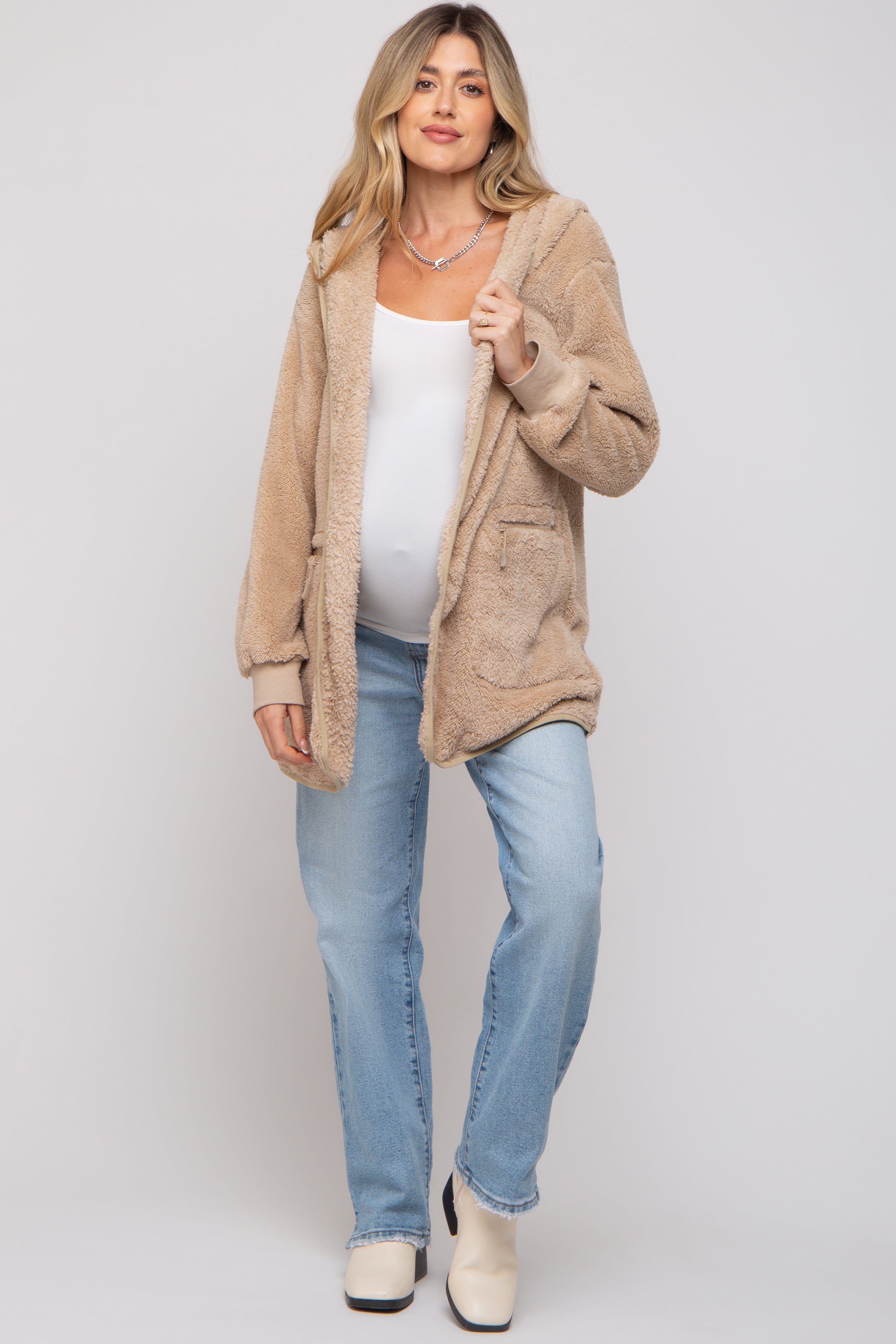 Soft Beige Fuzzy Knit Hooded Maternity Jacket - Cozy Winter Pregnancy Coat for Women | Perfect for Outdoor Walks & Casual Outfits