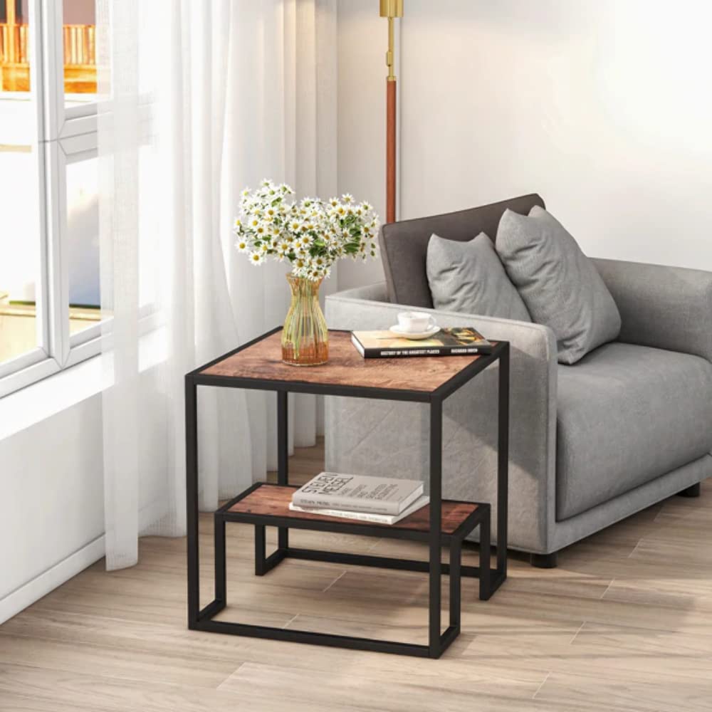 Modern 2-Tier End Table with Storage - Space Saving Nesting Coffee Table for Living Room, Bedroom & Small Spaces